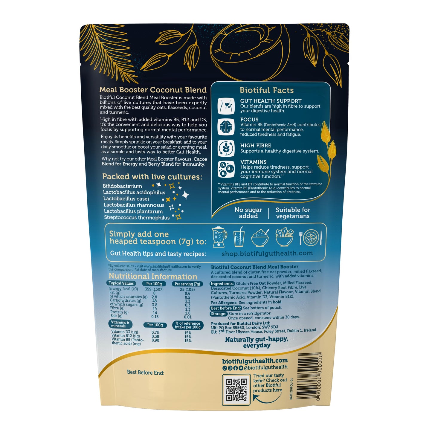 Biotiful Gut Health, Meal Booster, Coconut Blend Focus, Probiotics, Prebiotic Fibre, Source of Vitamins D3 B5 B12, Powder, 30 Servings