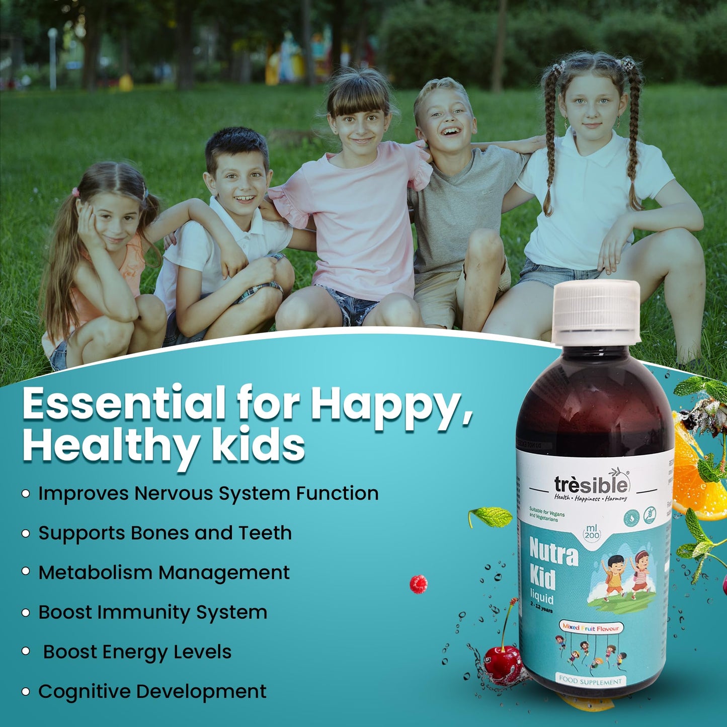 Tresible Trèsible Nutra Kids Multivitamins Liquid for Immune Support (2 to 12 Years) - Kids Vitamins with EPA, DHA and Zinc - Multivitamin for Kids, Toddlers Vitamins Age 2, Baby Vitamins with Biotin, Vegan