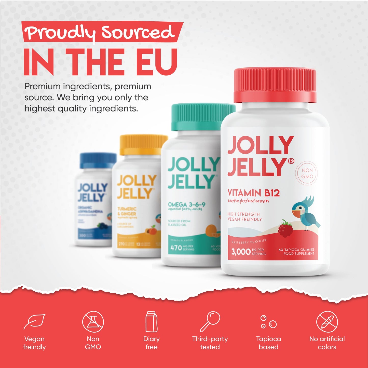 JOLLY JELLY Vitamin B12 Tapioca Gummies - 3,000mcg - High Strength Methylcobalamin Gummies - Non-GMO, Gluten Free, Raspberry Flavour - 60 Vegan Gummies. 1 Pack