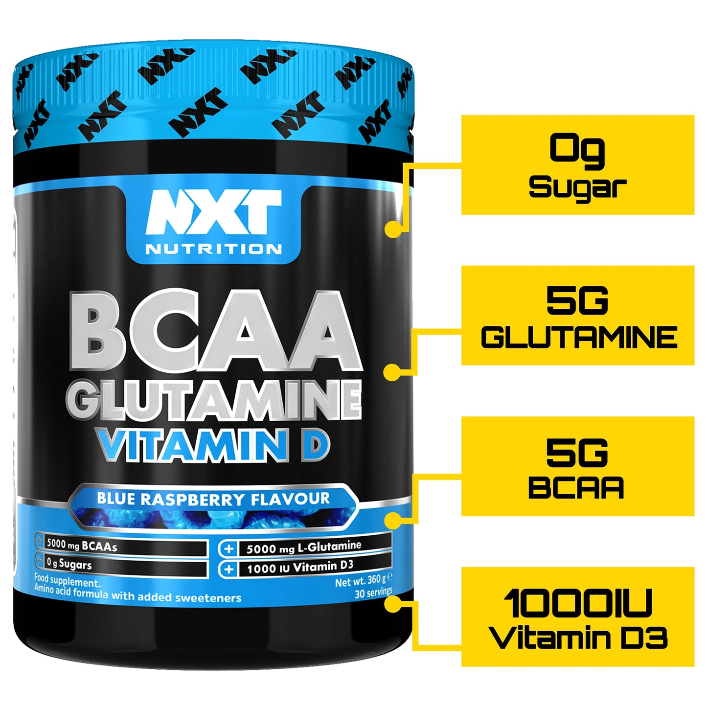 NXT Nutrition BCAA, Glutamine & Vitamin D | BCAAs Amino Acids with Vitamin D3 and L-Glutamine - for Recovery, Gut Health and Muscle Protein Synthesis | 360g - 30 Servings (Blue Raspberry)