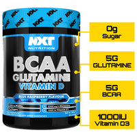 NXT Nutrition BCAA, Glutamine & Vitamin D | BCAAs Amino Acids with Vitamin D3 and L-Glutamine - for Recovery, Gut Health and Muscle Protein Synthesis | 360g - 30 Servings (Blue Raspberry)