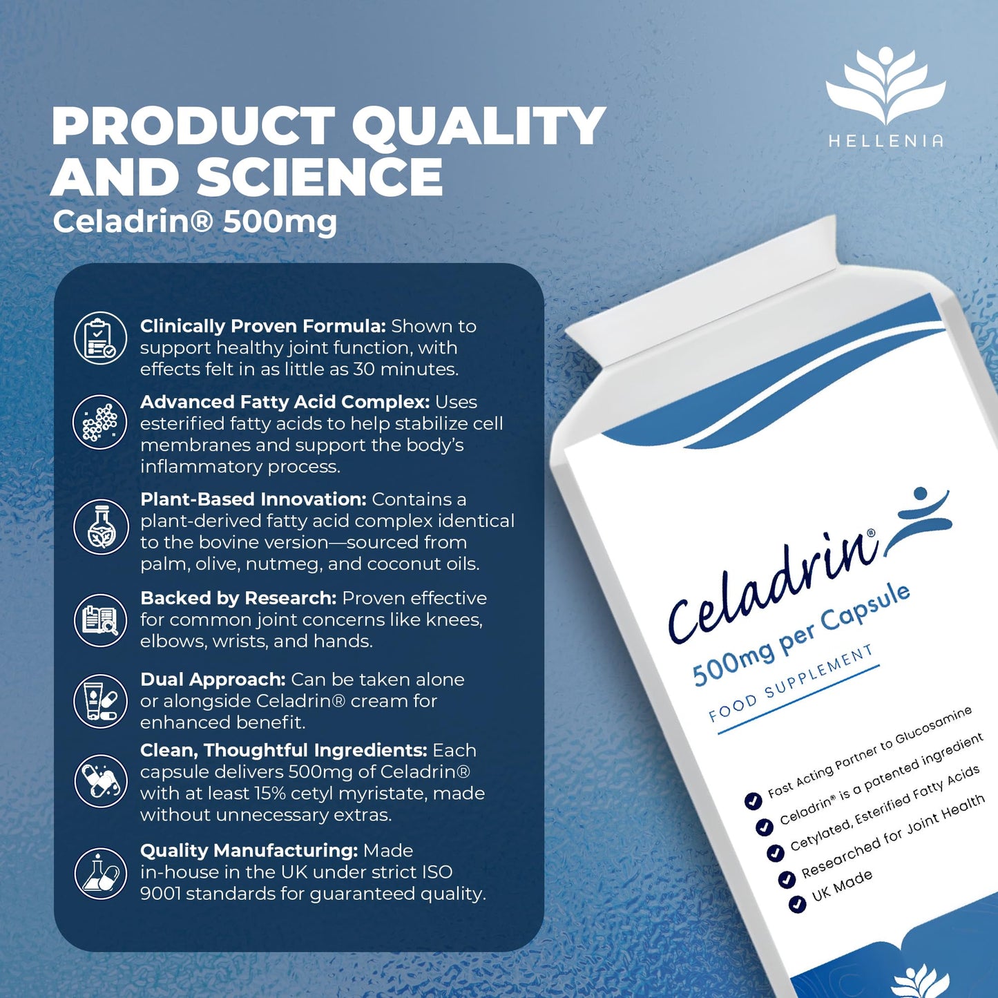 Celadrin® Capsules 500mg | Potent Joint Care Supplement | Branded Ingredient | Clinically researched for Improved Joint Function & Mobility | 90 Capsules - Vegan Friendly | Made in The UK by Hellenia