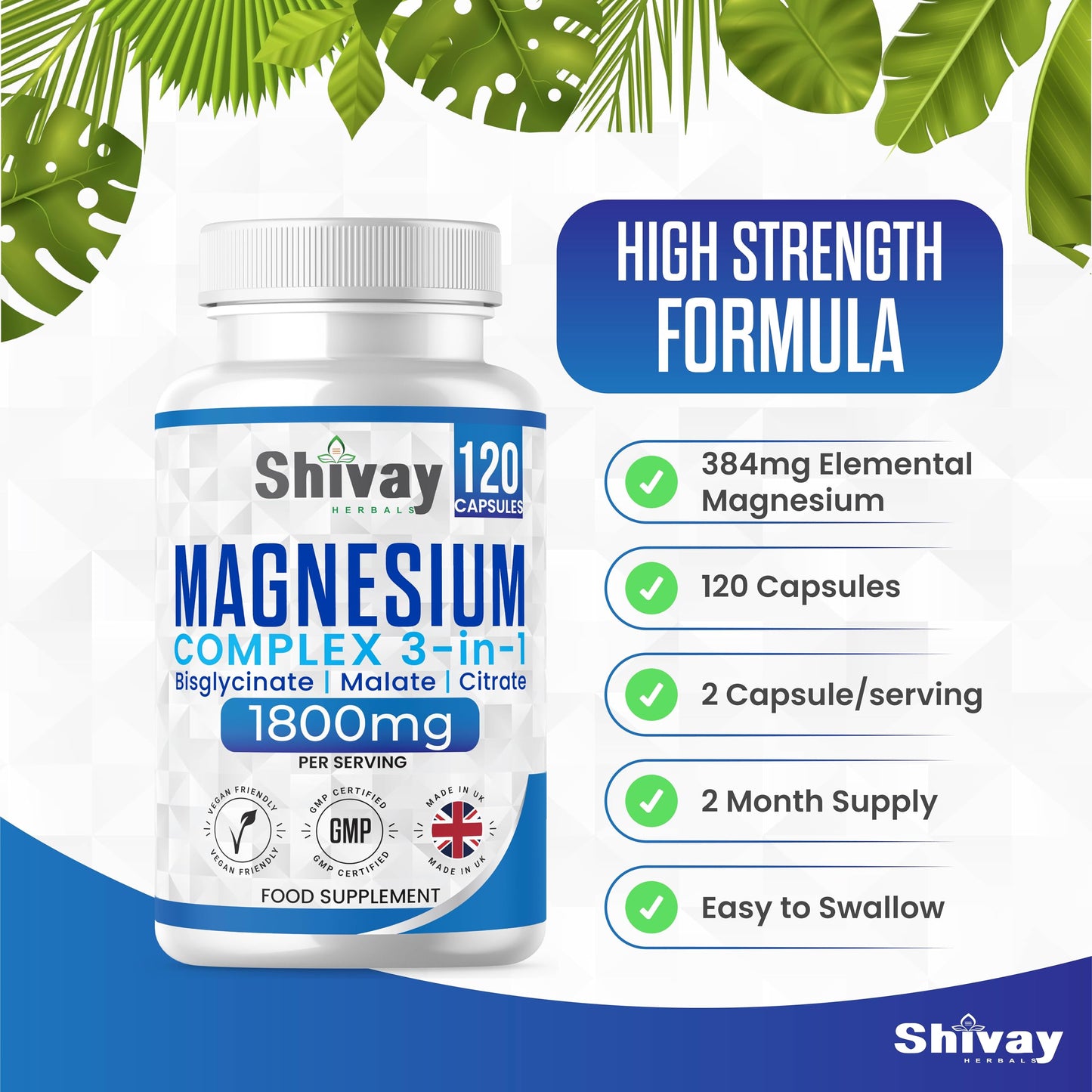 Magnesium Glycinate 3 in 1 Complex | 1800mg Per Serving - 384mg Elemental Magnesium | High Strength Magnesium Bisglycinate, Malate, Citrate | 120 Vegan Capsules | Made in The UK by Shivay Herbals