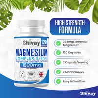 Magnesium Glycinate 3 in 1 Complex | 1800mg Per Serving - 384mg Elemental Magnesium | High Strength Magnesium Bisglycinate, Malate, Citrate | 120 Vegan Capsules | Made in The UK by Shivay Herbals