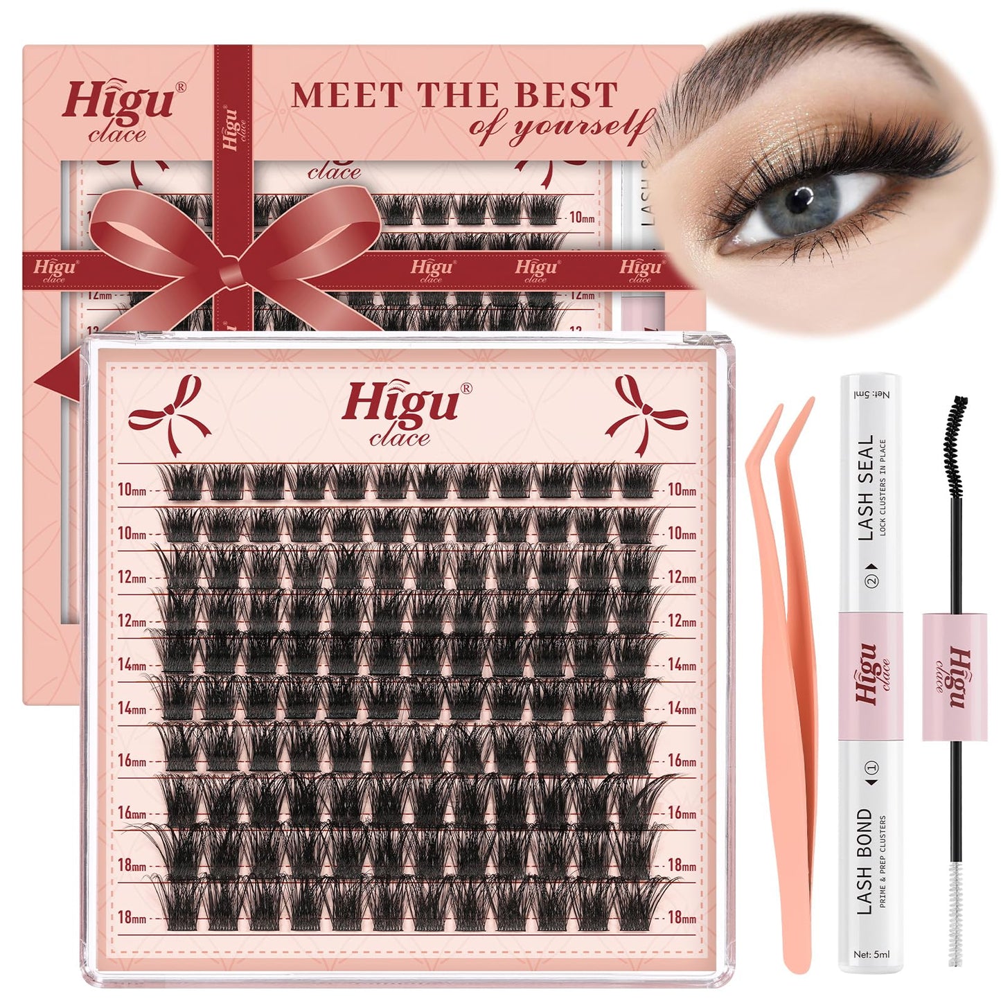 Higu clace Higu Clayse Lash Clusters Kit - DIY Lash Extensions Kit with D Curl 10-18mm Lashes, Individual Clusters and Applicator for Beginners