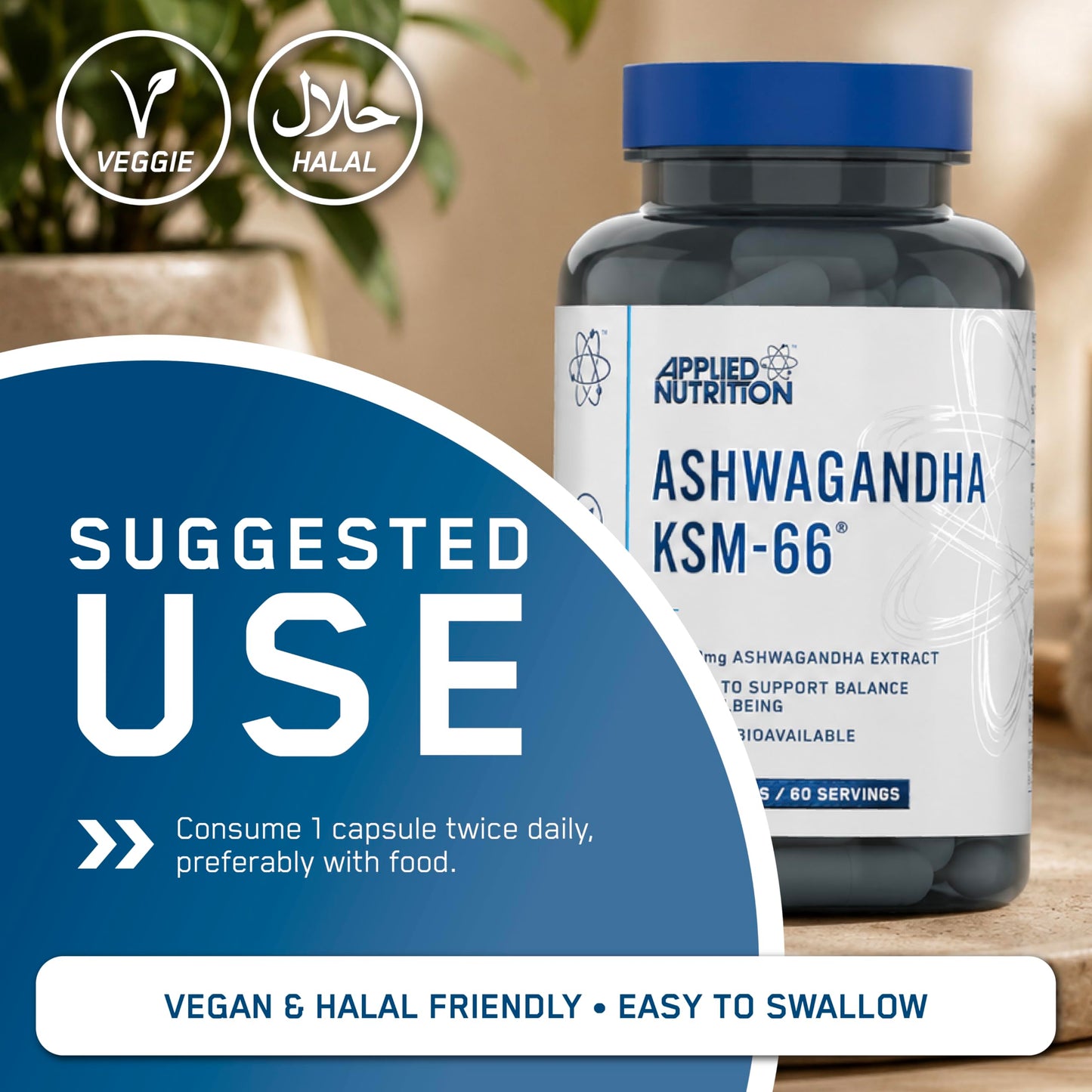 Applied Nutrition Ashwagandha KSM-66 - Premium Ashwagandha Herbal Supplement for Energy, Anxiety, Stress, Made in The UK (60 Capsules)