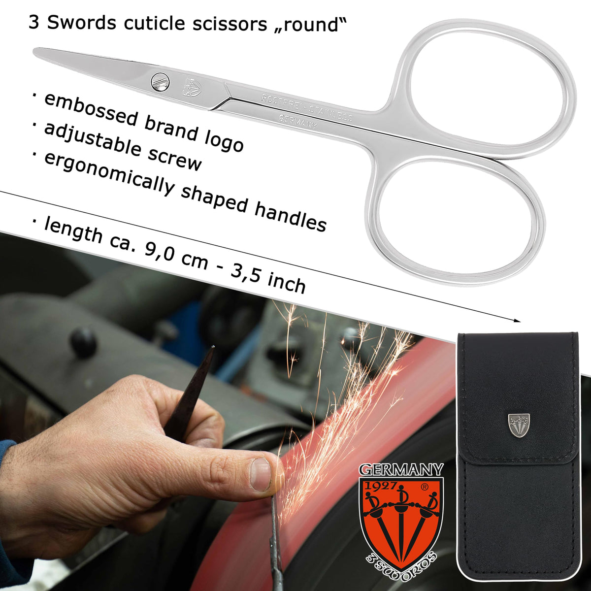 3 Swords Germany - Brand Quality Stainless Steel INOX Curved Cuticle Scissors with Round Tips for Diabetics or Kids - Made in Solingen Germany
