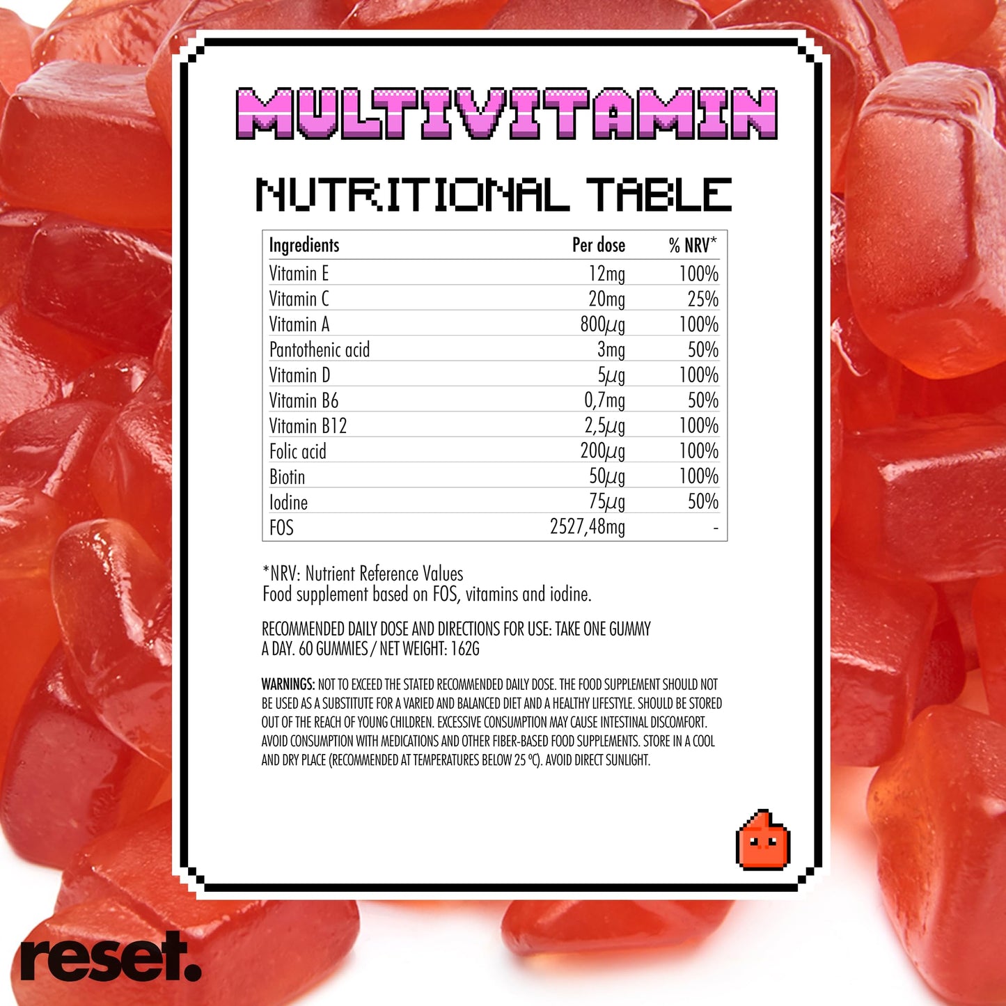 Reset This. Multivitamin Gummies 60 Vegan Strawberry Flavour Chewable Gummy Vitamin C & D, B12, B6, Essential Vitamins & Minerals, Reduces Tiredness & Fatigue Gluten Free Natural Flavours Prebiotic