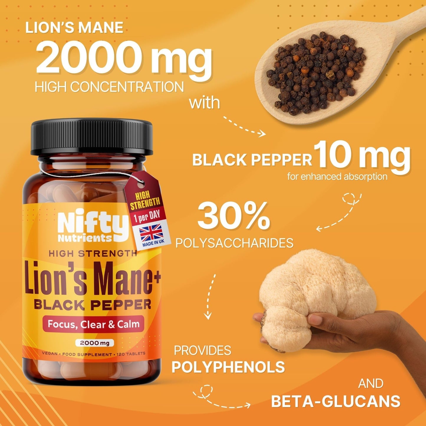 Nifty Nutrients Lions Mane Supplement High Strength 2000mg | 1 a Day 4 Months Supply of 120 Tablets | Lion's Mane Tablets with Black Pepper to Aid Absorption | Made in The UK