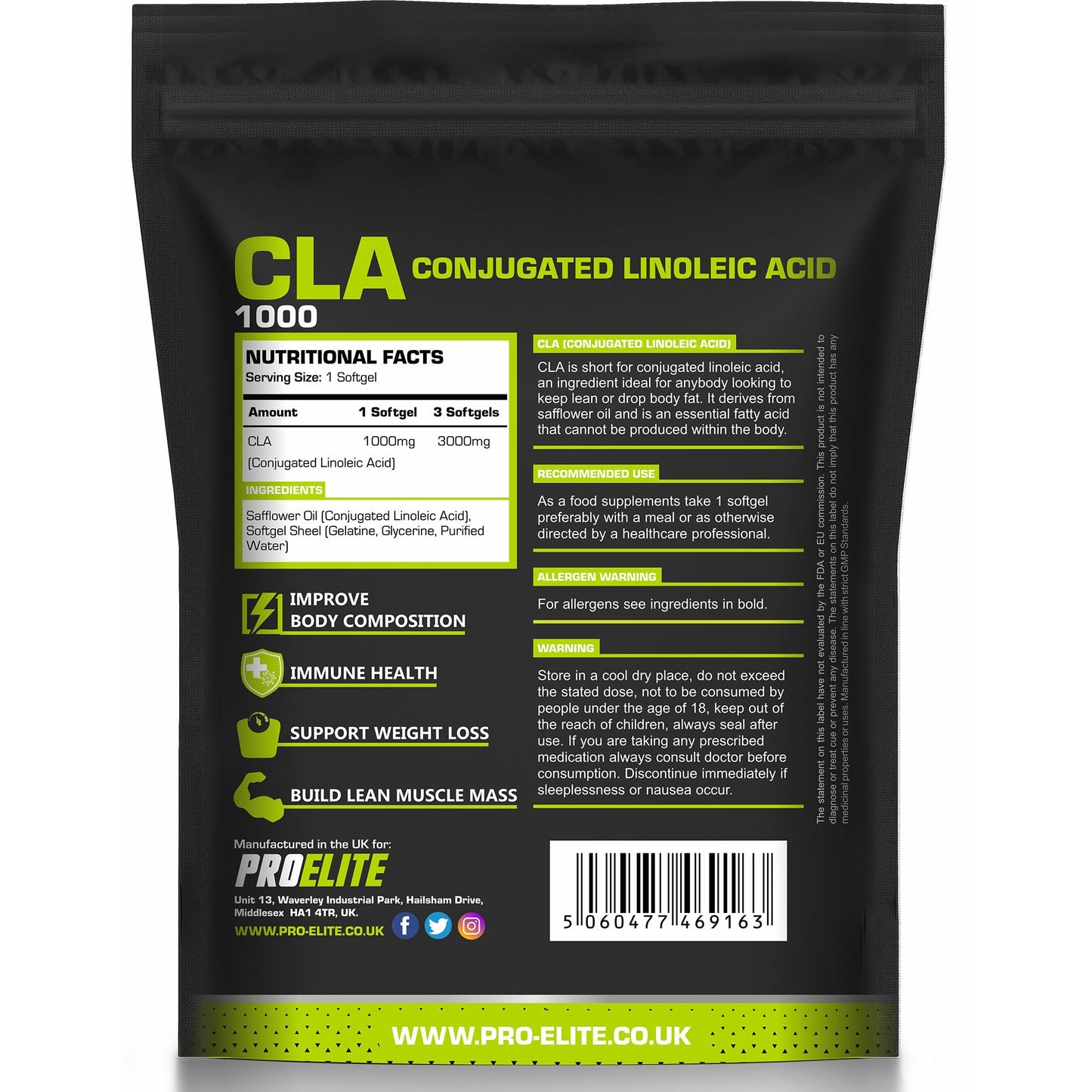 PROELITE CLA Supplement 60 Softgels - 1000mg per Capsule CLA with 80% Isomers - CLA Softgel Capsules Conjugated Linoleic Acid - Suitable Men, Women