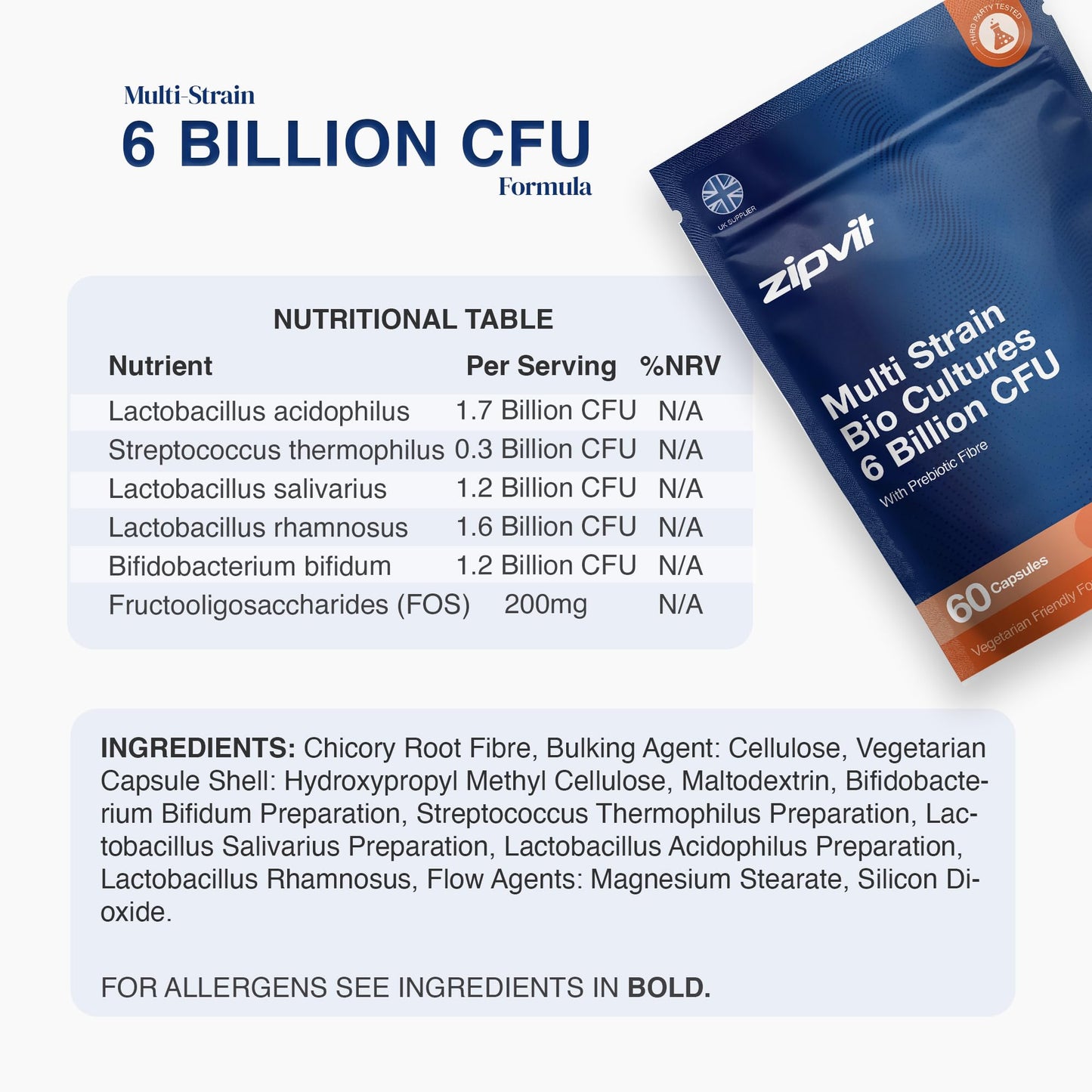 Zipvit Bio Cultures 6 Billion CFU with Prebiotic, Includes Lactobacillus & Bifidobacterium, 5 Live Strains, 60 Vegetarian Capsules, 2 Months Supply, Eco-Friendly Pouch