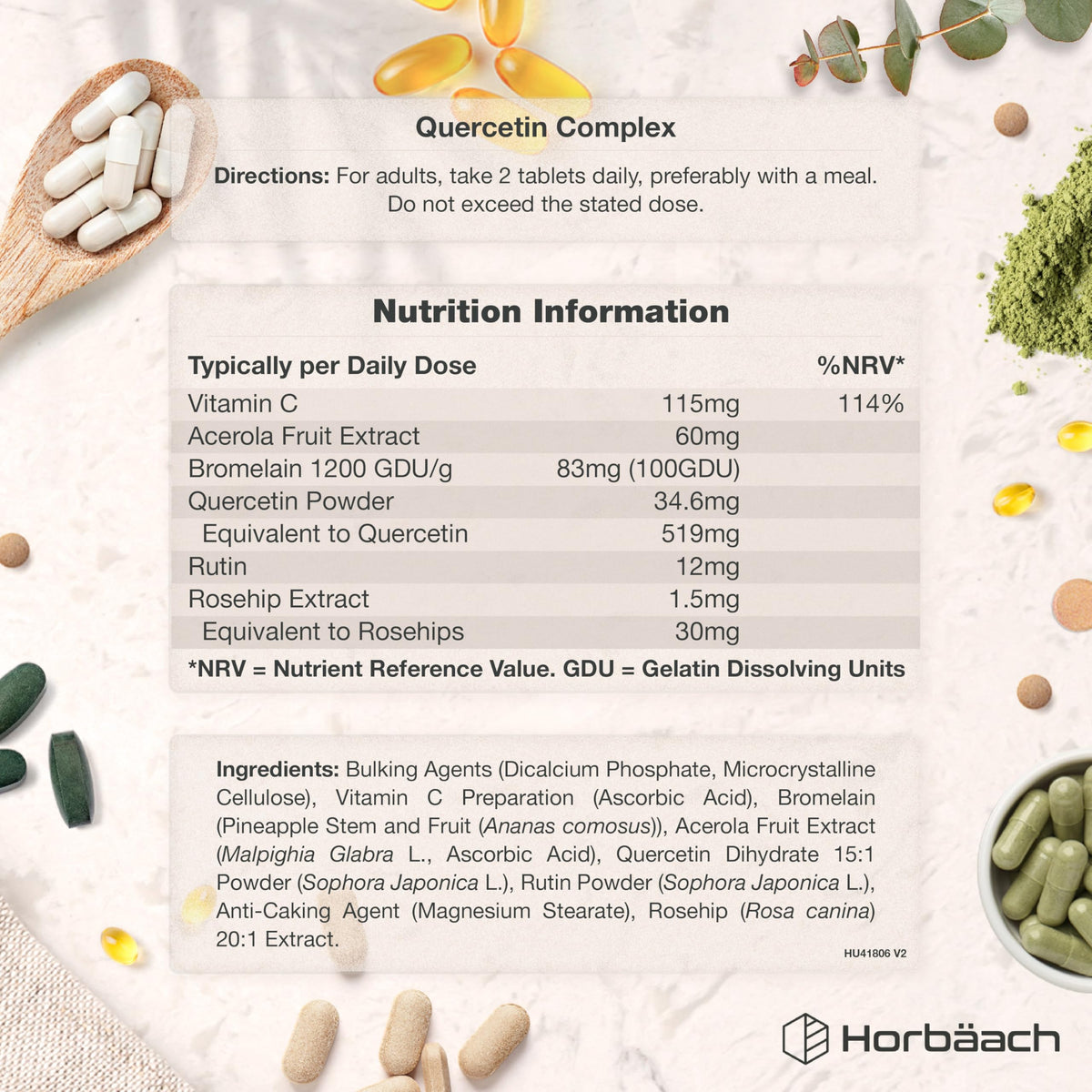 Horbäach Quercetin Supplement with Bromelain 819mg | 120 Vegan Tablets | Complex Formula Providing 519mg of Quercetin with Bromelain, Vitamin C, Rosehip, Acerola and Rutin | by Horbaach