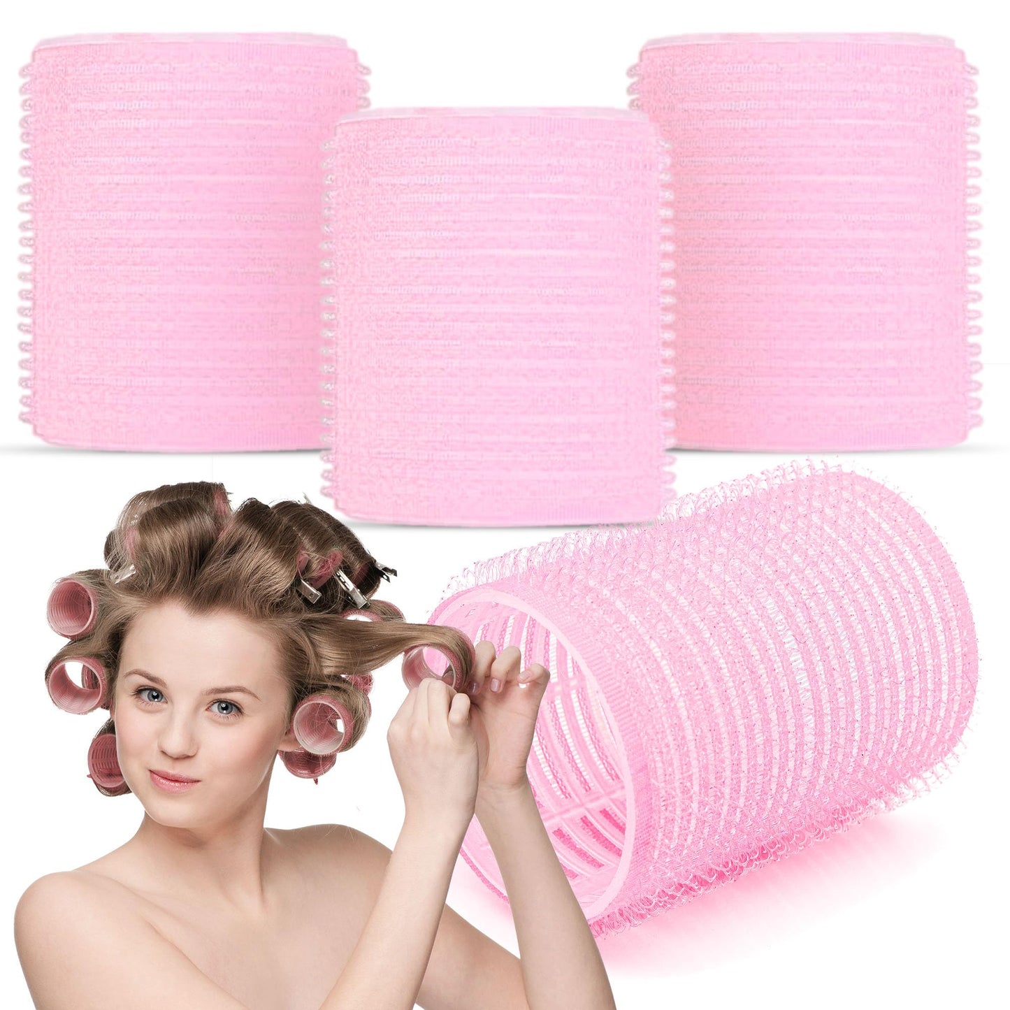SOL 4pk Pink Hair Rollers for Hair Volume, Velcro Rollers for Hair Roller Pink Hair Curlers Rollers for Hair Curling Velcro Hair Rollers for Long Hair Rollers Self Grip Hair Rollers for Soft Bouncy Curls