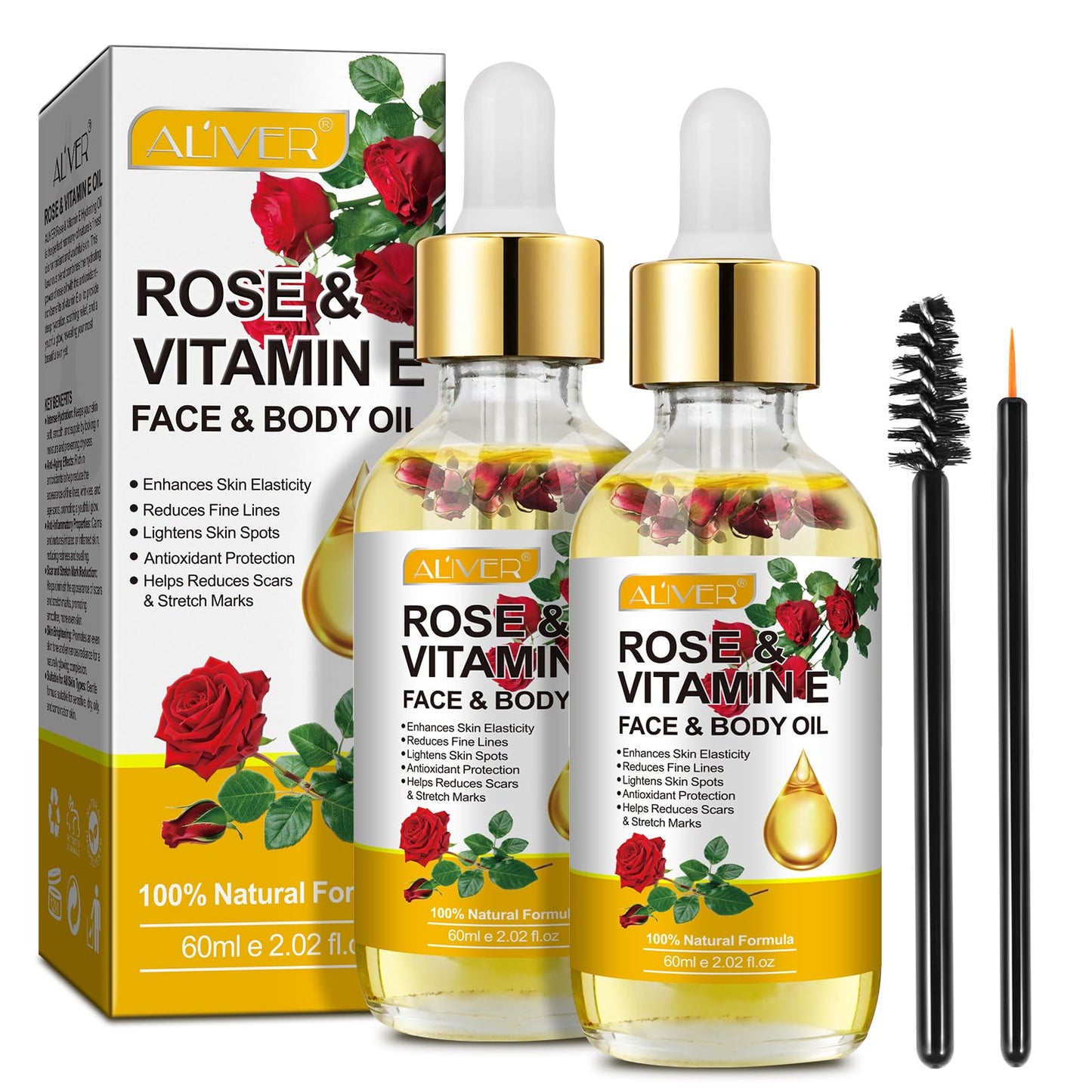 Vitamin E Oil for Skin, Face, Hair and Nail Cuticles, Rosehip Oil for face, Vitamin e Oil for Skin, Soothing Skin, Dry Skin, Wrinkles, Uneven Skin Tone, Scars Plant Extract, 60ml （2 Pack）