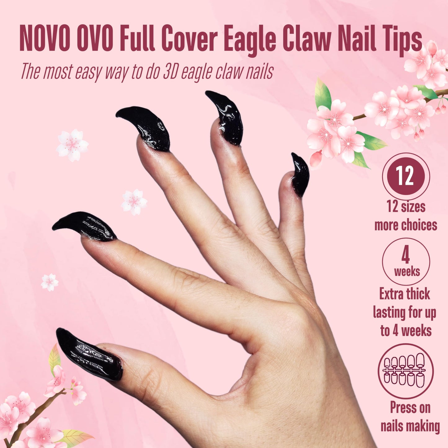 NOVO OVO Nail Tips Curved Stiletto, Clear Gel x Extension kit Full Cover to Make Press on 3D Eagle Claw nails, Thick Extra Hawk Deep Curve Almond French Tips Soft False Fake Acrylic Nail 12 Size 120pc