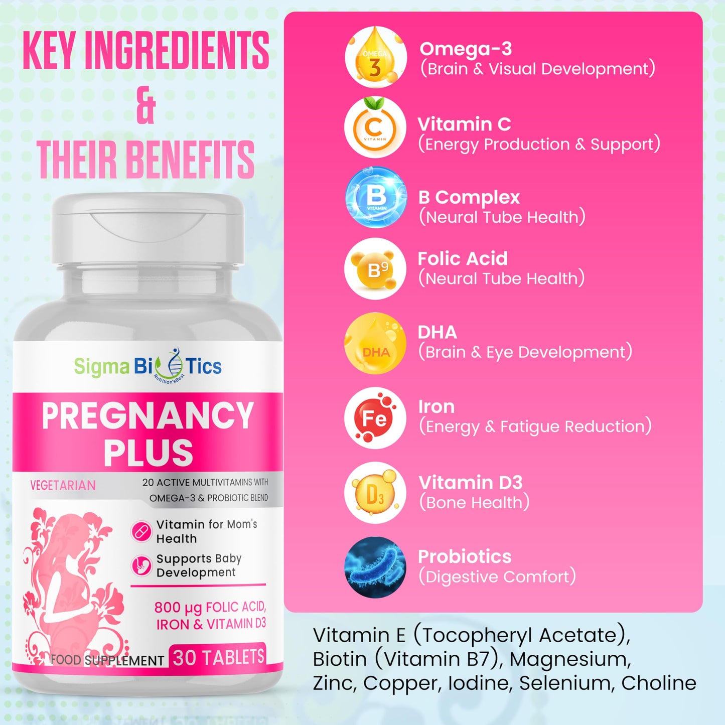 SigmaBiotics Pregnancy Tablets 20 Multivitamin with 800µg Folic Acid, D3, Iron, DHA, Omega-3, Probiotics Blend, Magnesium, All Trimester Pregnancy Support – 30 Vegetarian Tablets – One Month Supply