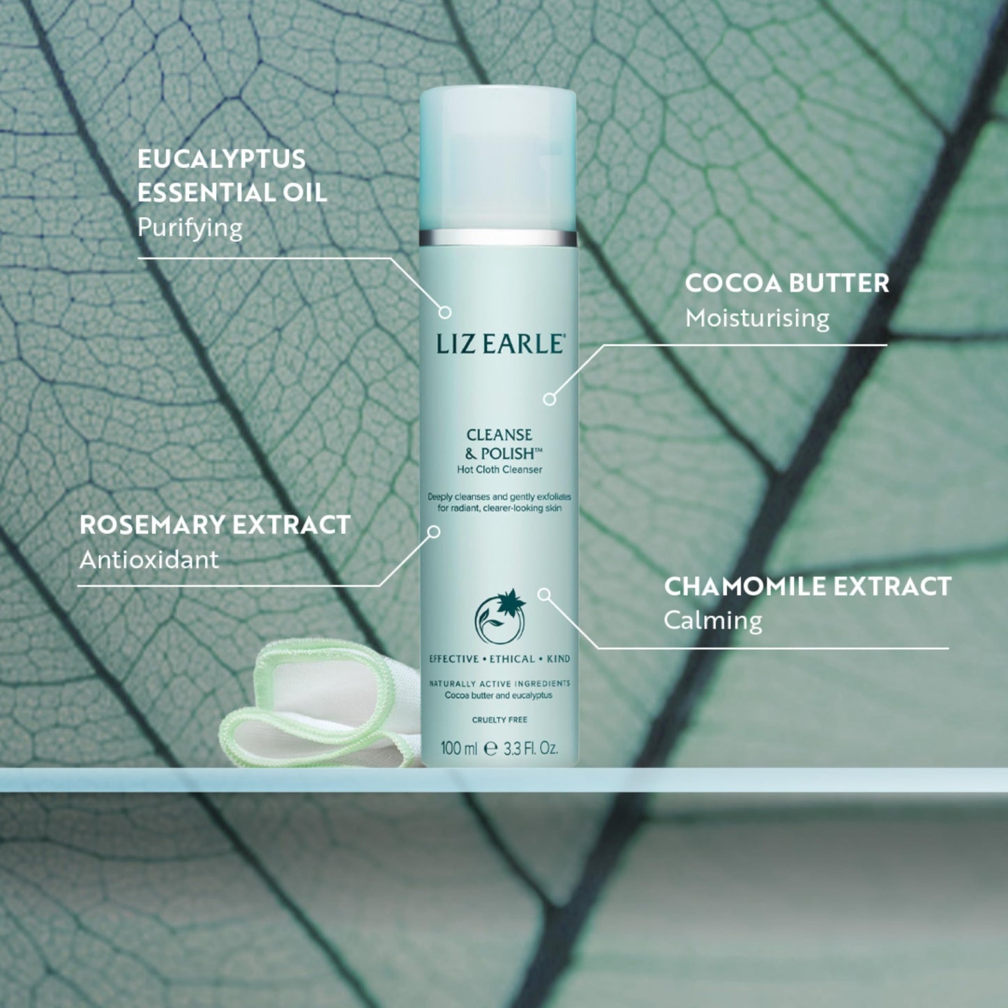 Liz Earle Cleanse & Polish™ Hot Cloth Cleanser Starter Kit for All Skin Types with Rosemary, Chamomile, Cocoa Butter and Eucalyptus Essential Oil, 100ml