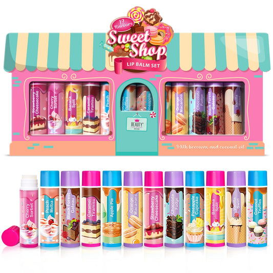 Beauty4Britain Kids Lip Balm Set Sweet Shop - 12 Different Dessert Flavours, Beeswax & Coconut Oil, Colourless, for Girls and Boys