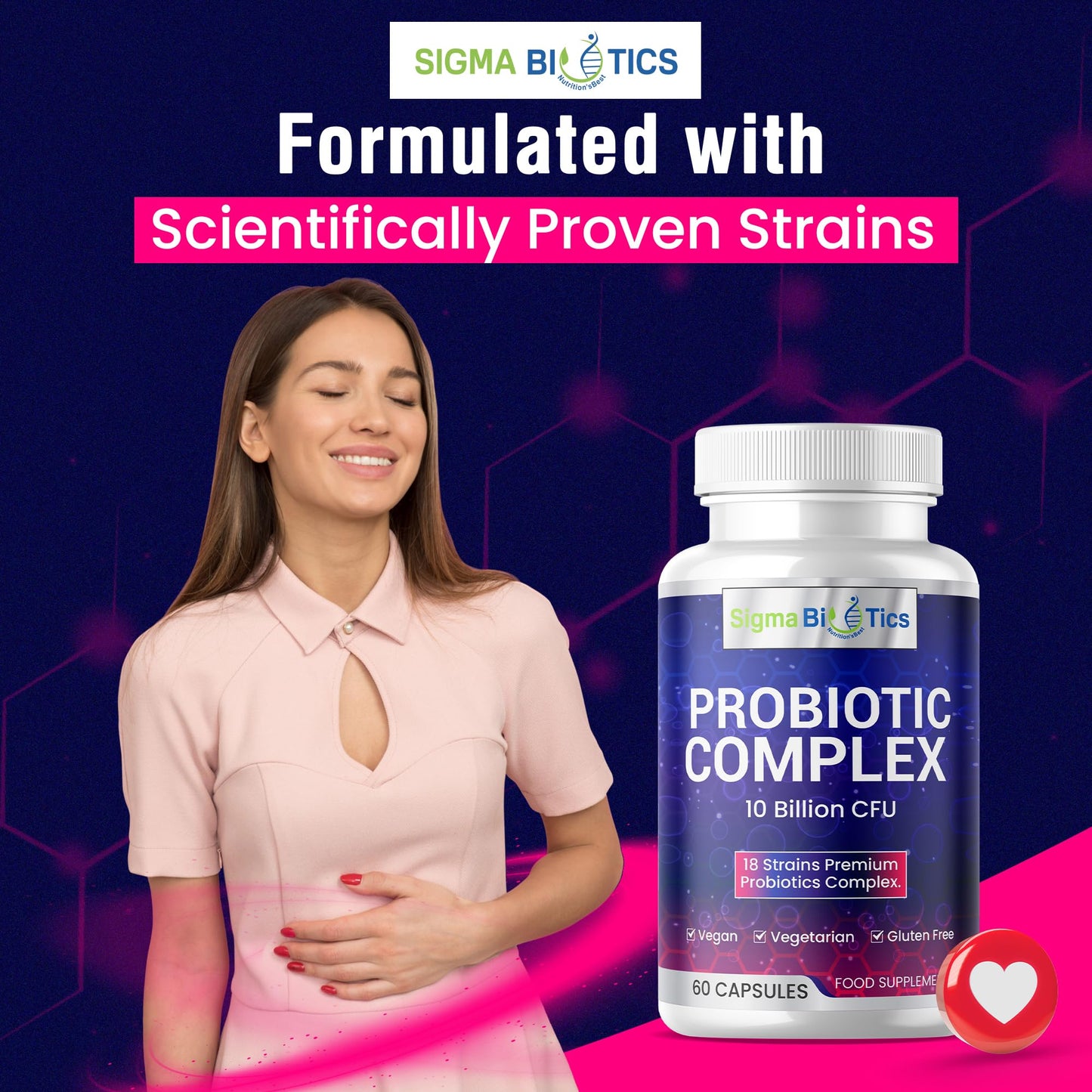 SigmaBiotics Probiotic Complex - Vegetarian Multi Strain with Lactobacillus Acidophilus & Bifidobacterium - 18 Premium Strains with 10 Billion CFU - Digestive and IBS Support Supplement- 60 Capsules