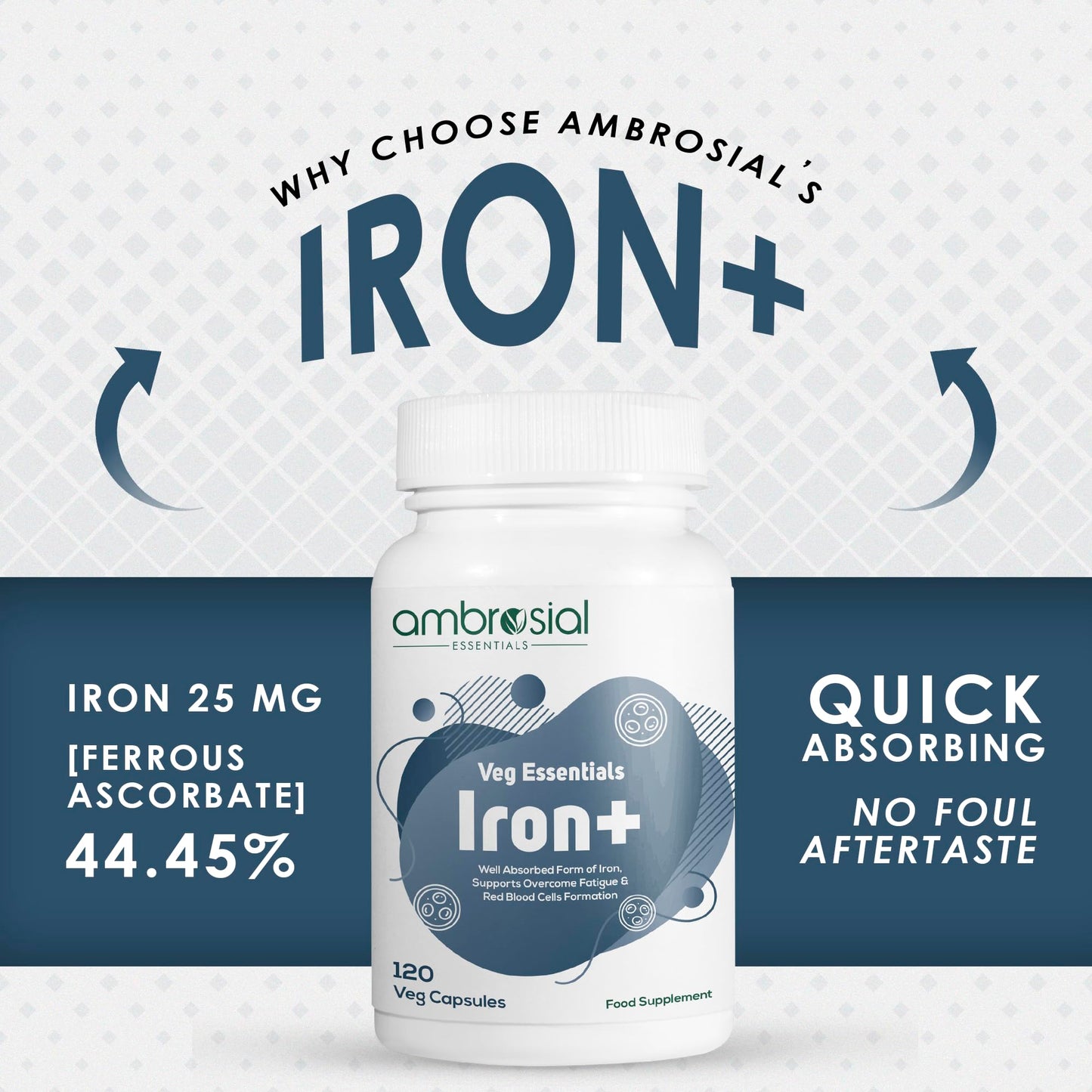 AMBROSIAL Ambrosial Iron Capsules 25mg - High Strength Supplements for Women & Men - Blood Support for Tiredness & Fatigue - Non-Constipating, Enhanced Absorption - Vegan, Gluten Free - 120 Iron Capsules