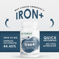 AMBROSIAL Ambrosial Iron Capsules 25mg - High Strength Supplements for Women & Men - Blood Support for Tiredness & Fatigue - Non-Constipating, Enhanced Absorption - Vegan, Gluten Free - 120 Iron Capsules