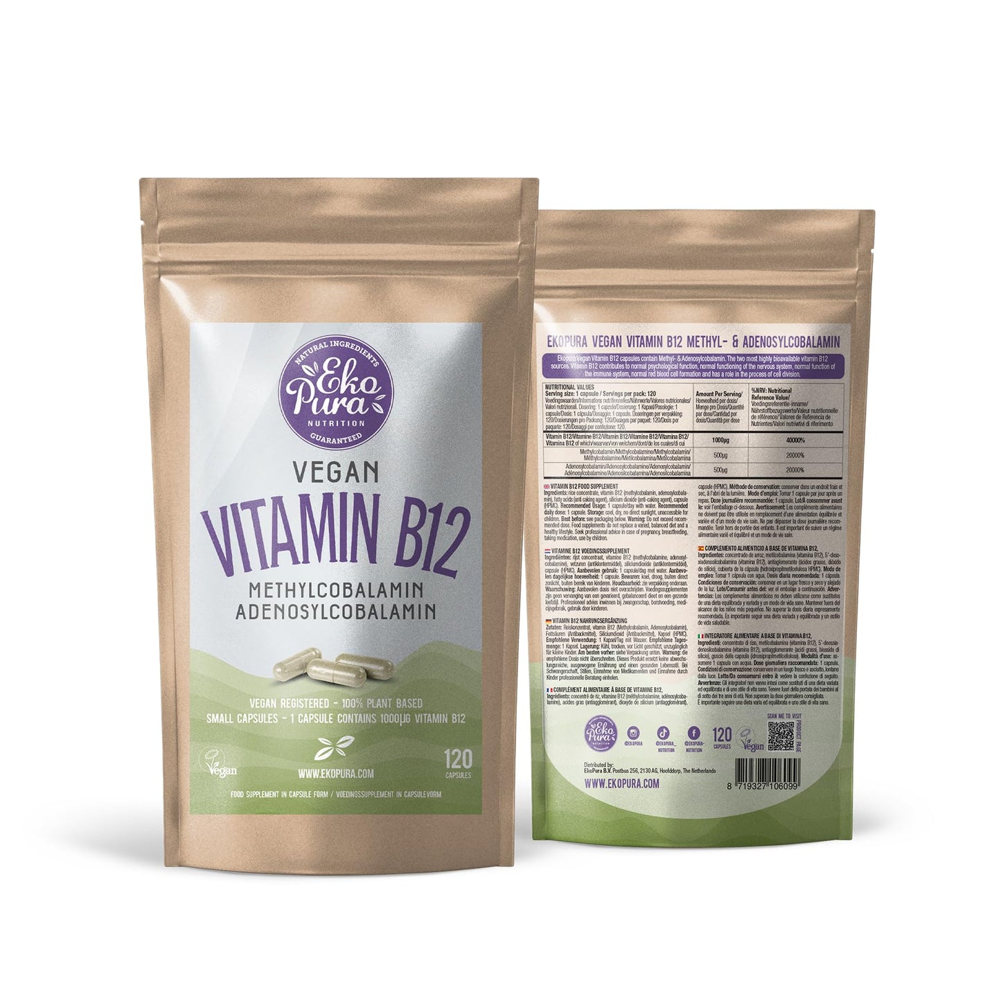 Ekopura Vegan Vitamin B12 Methyl- & Adenosylcobalamin - 120 Small Capsules (1000mcg)|Free from Allergens, GMO, Soy, Gluten, Unhealthy additives | 4 Months Supply (1 Capsule Per Day)