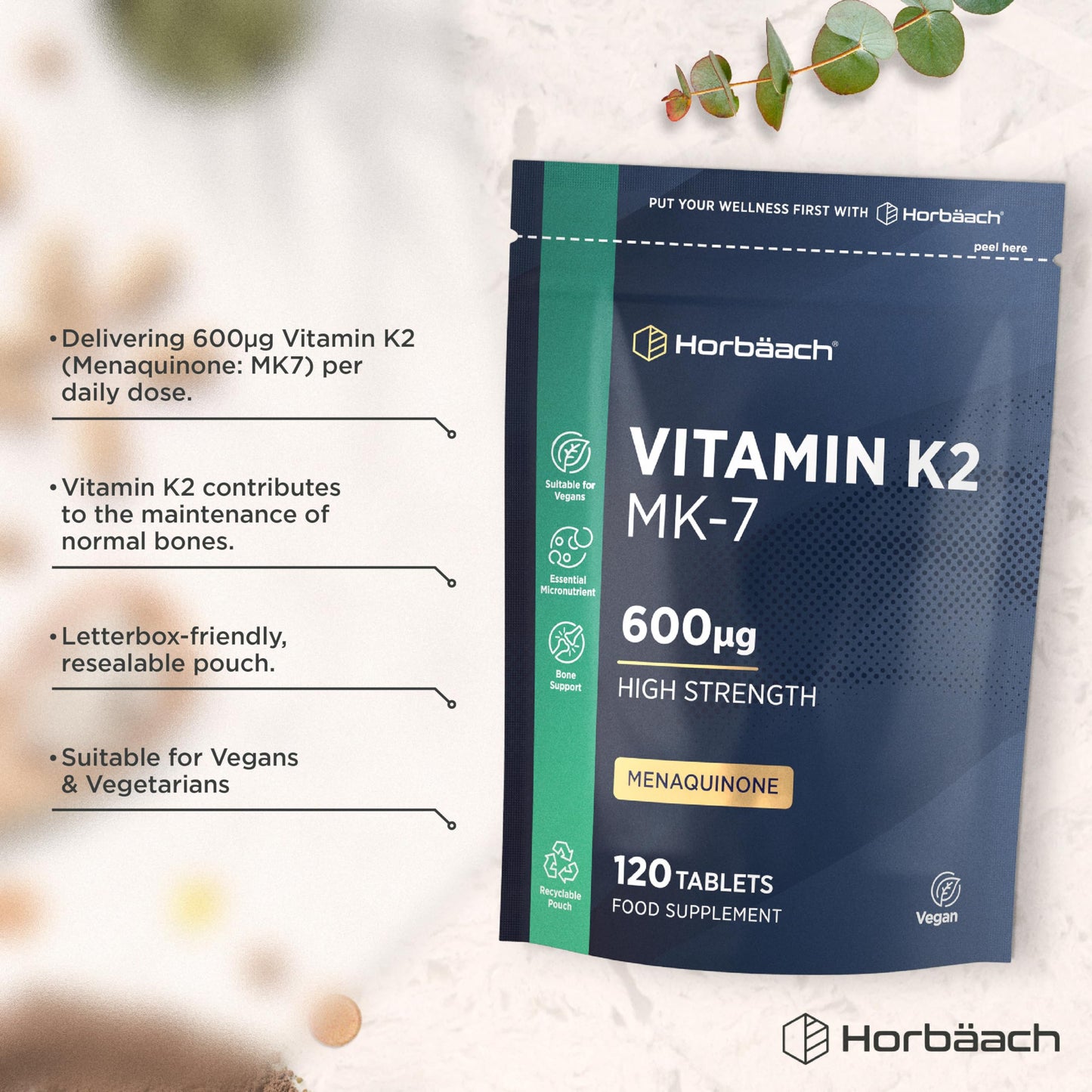 Horbäach Vitamin K2 MK7 High Strength 600mcg | 120 Tablets (Not Capsules) | Vitamin K2 Menaquinone MK-7 Supplement | Bioavailable Formula for Men & Women | Suitable for Vegans | By Horbaach