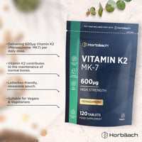 Horbäach Vitamin K2 MK7 High Strength 600mcg | 120 Tablets (Not Capsules) | Vitamin K2 Menaquinone MK-7 Supplement | Bioavailable Formula for Men & Women | Suitable for Vegans | By Horbaach