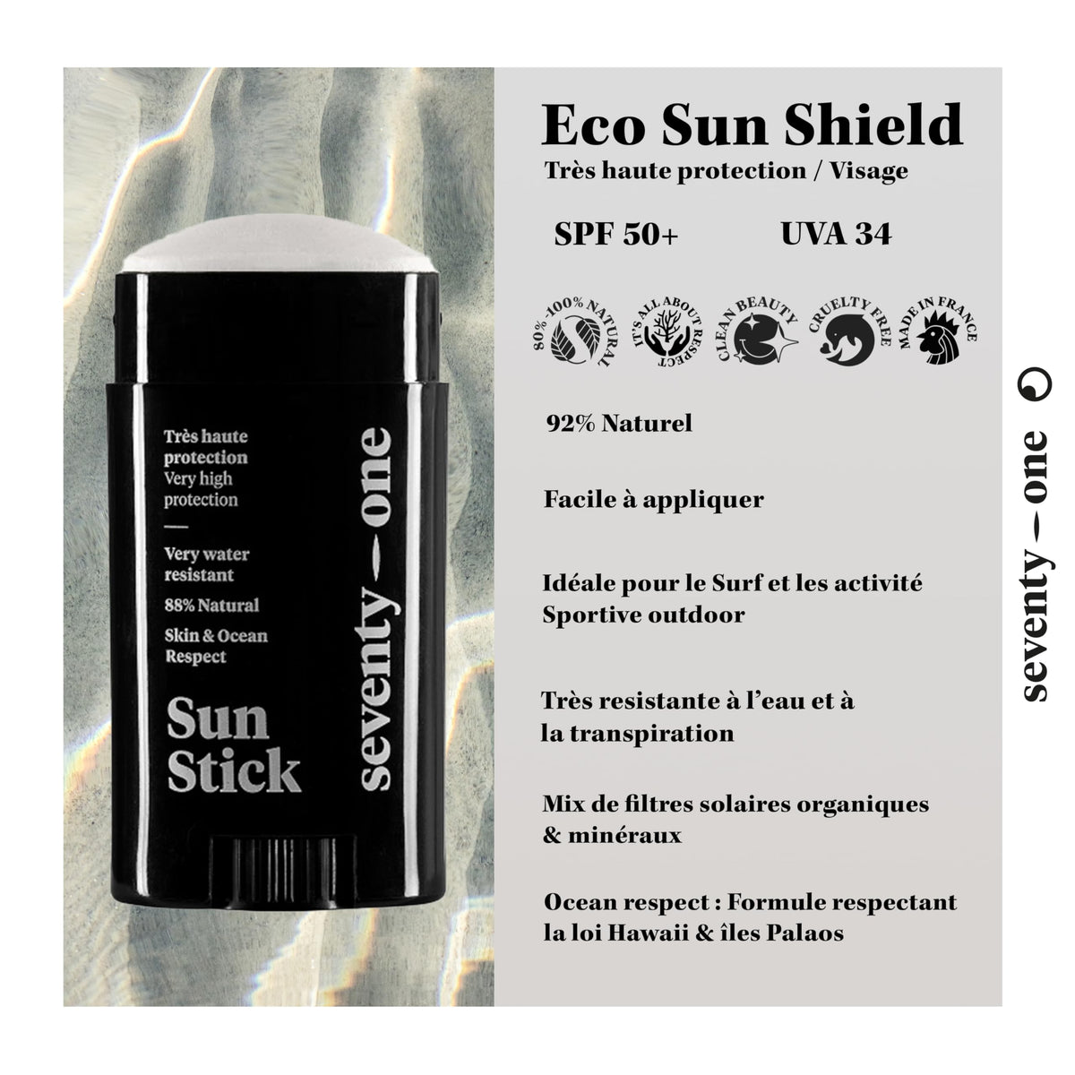 seventyone PERCENT SeventyOne Percent | The Original : Sun Stick SPF 50+ | Vegan Face Sun Stick - Very High Protection | Very Waterproof | UVA 34 | 92% Natural - Made in France | 15 gr