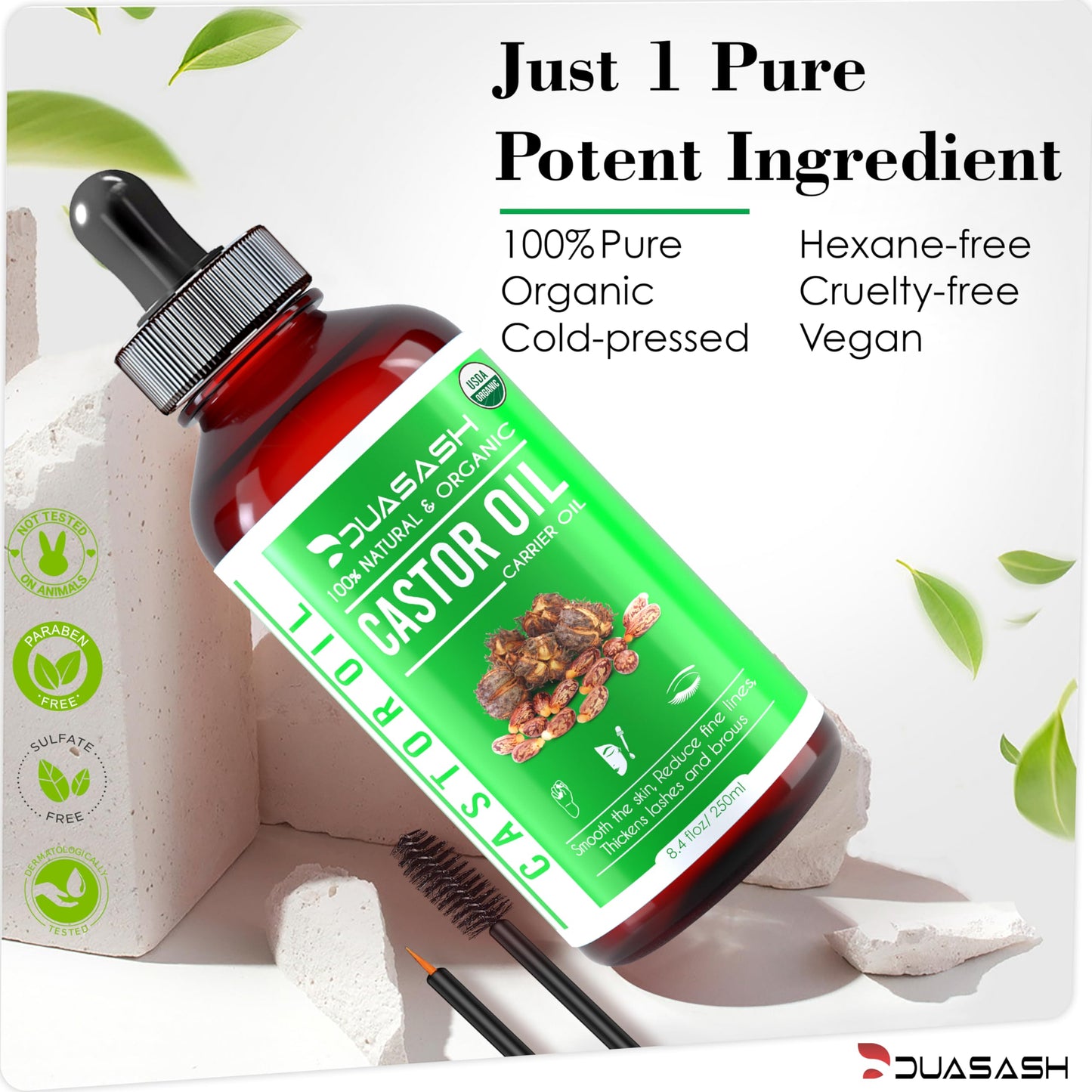 DUASASH Duasash Organic Castor Oil for Eyelashes and Eyebrows 250ml Cold Pressed Castor Oil for Hair Growth Undiluted Hexane Free 100% Natural and Pure Castor Oil for Skin with Brushes For Hair, Beard, Nails