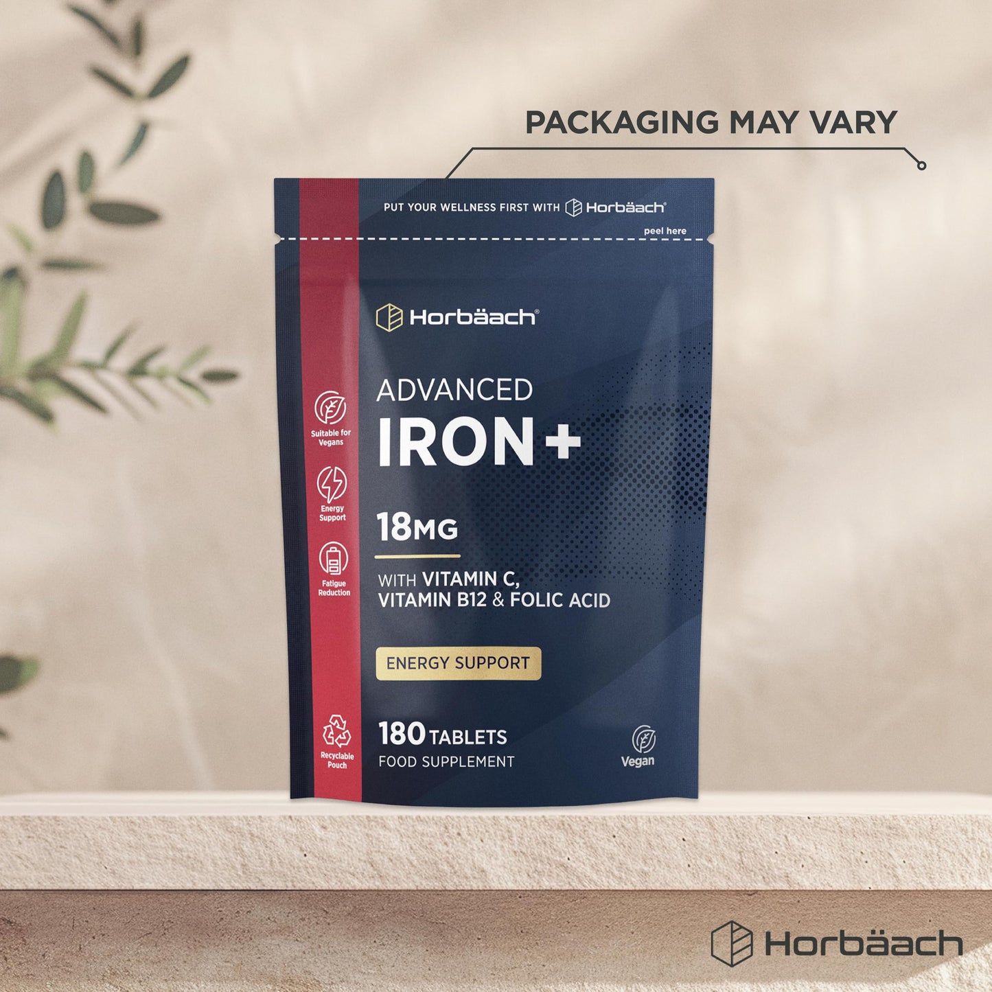 Horbäach Iron Tablets High Strength 18mg | Energy Tablets with Vitamin C, B12 & Folic Acid | 180 Count | 6 Months Supply & Vegan | Ferrous Fumarate Supplement for Men & Women | by Horbaach