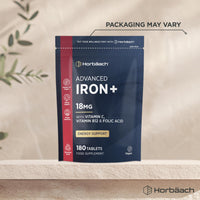 Horbäach Iron Tablets High Strength 18mg | Energy Tablets with Vitamin C, B12 & Folic Acid | 180 Count | 6 Months Supply & Vegan | Ferrous Fumarate Supplement for Men & Women | by Horbaach