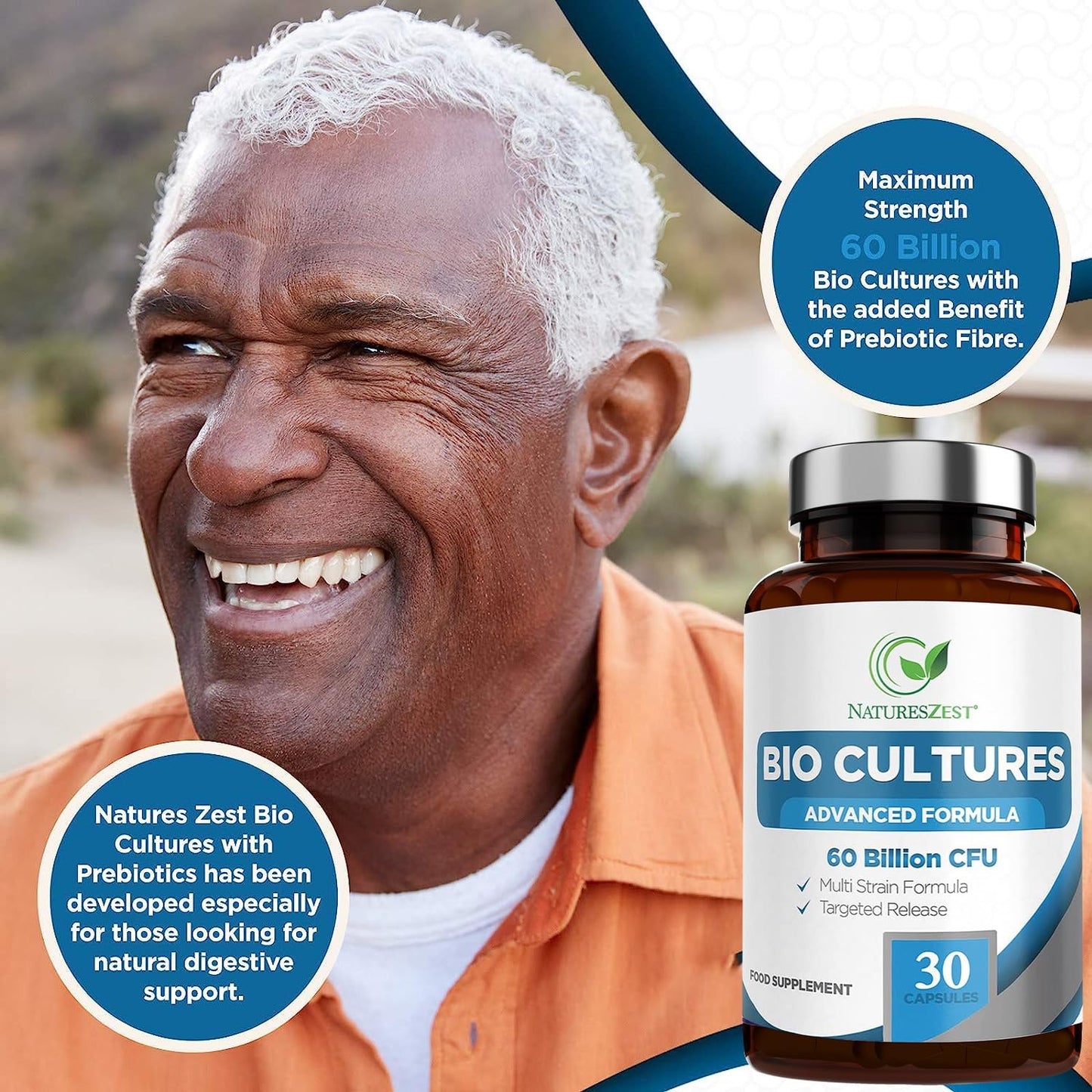 60 Billion CFU Bio Cultures Probiotics with Prebiotics 30 Capsules Multi Strain Advanced Formula for Men and Women by Natures Zest