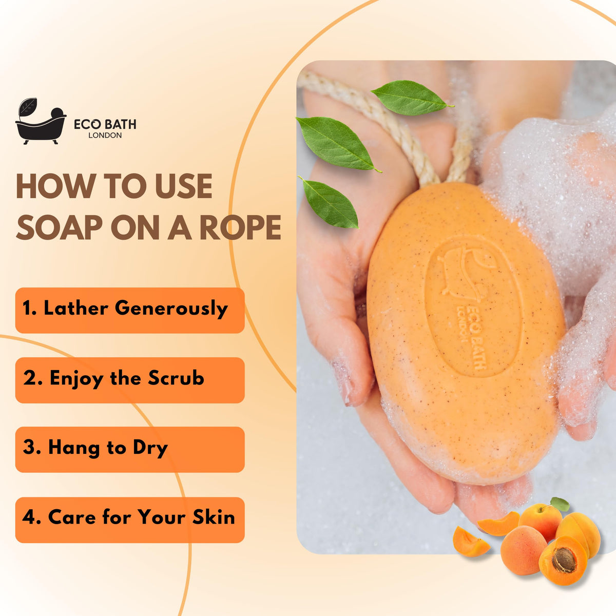 Eco Bath London Apricot Soap on a Rope, Luxury Eco-Friendly Natural Soap, 220g