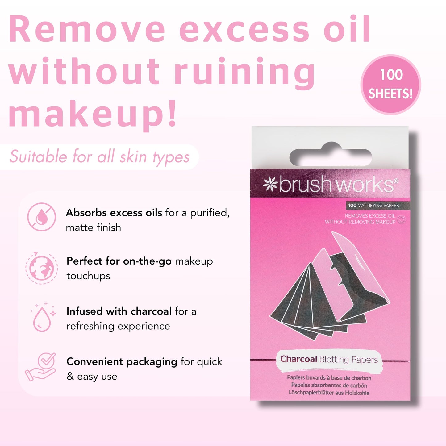 Brushworks Charcoal Blotting Papers – 100 Oil-Absorbing Mattifying Sheets for Face, On-the-Go Shine Control, Makeup-Friendly, Vegan & Cruelty-Free
