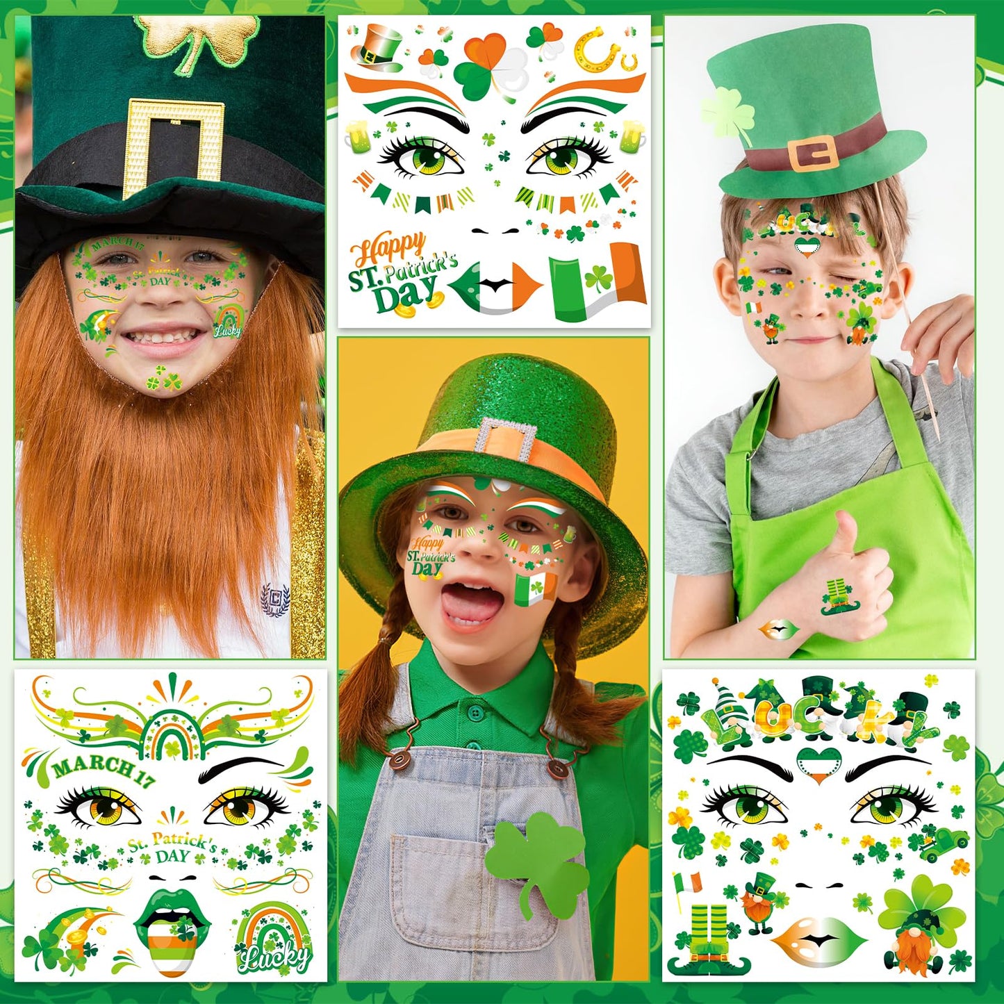 HOWAF 9pcs St Patricks Day Accessories Face Tattoos, Shamrock Face stickers Lucky Clover Leprechaun Irish Temporary Tattoos Stickers for St. Patrick's Day Decorations St Patricks Day Outfits Makeup