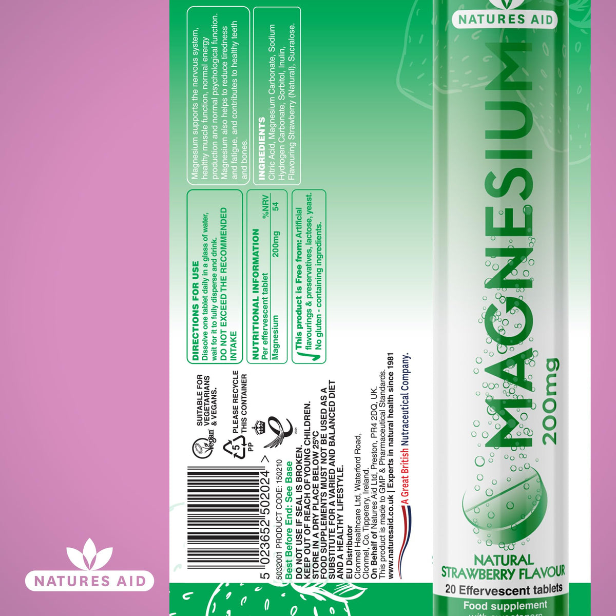 Natures Aid Magnesium Effervescent 20 Tablets – Strawberry Flavour – Supports Muscle, Nerve & Bone Health – High Absorption – Vegan, Non-GMO, Gluten-Free – Essential Daily Supplement