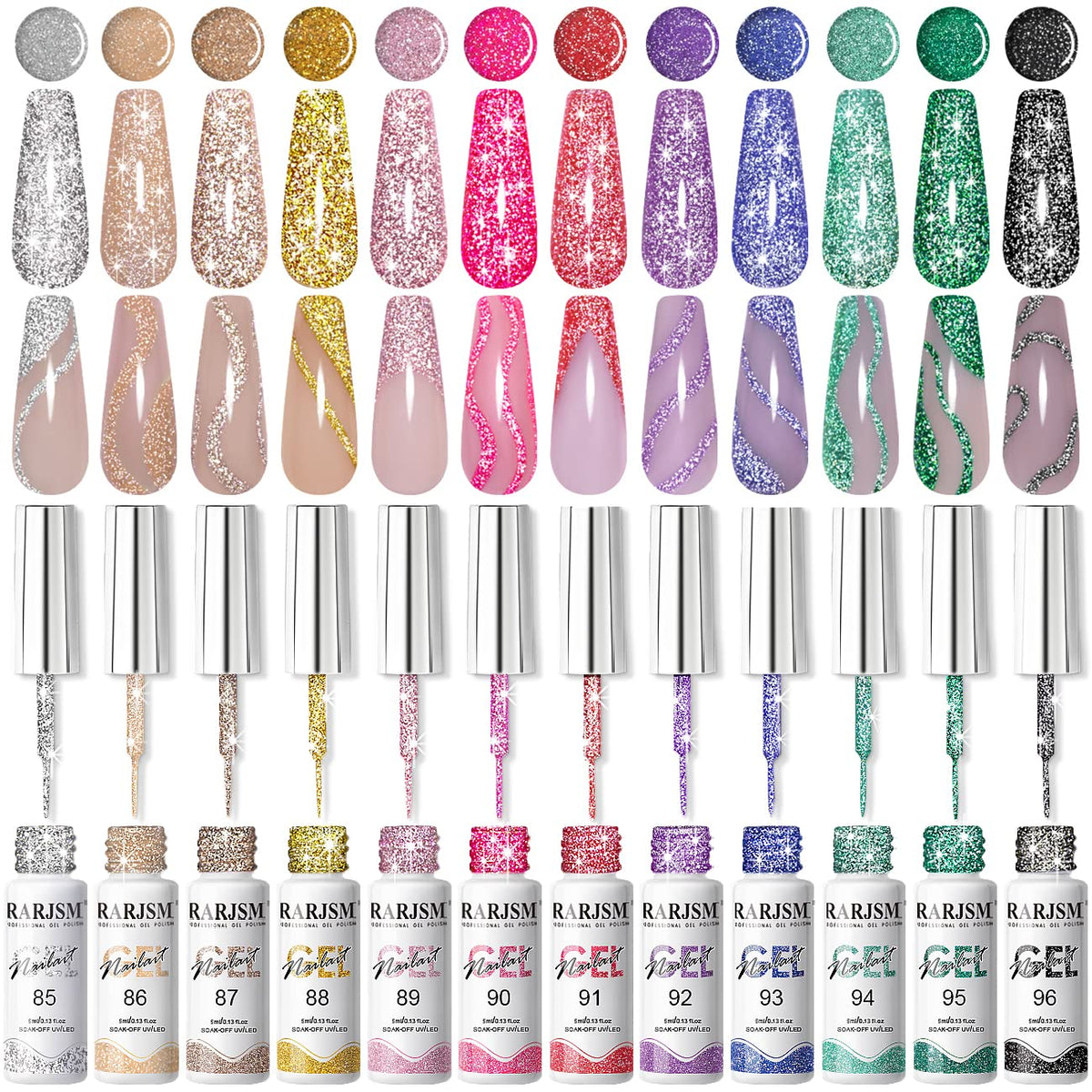 RARJSM Gel Liner Nail Art Reflective Glitter Flash Diamond Liner Gel Polish 12 Colors 5ml Sparkle Silver Hot Pink Black Pigment Painted Stripe Brush Gel Nail Polish UV LED Curing Require Nail Design