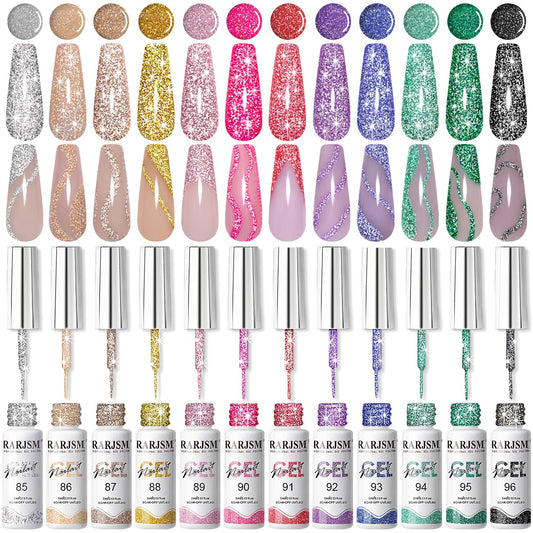 RARJSM Gel Liner Nail Art Reflective Glitter Flash Diamond Liner Gel Polish 12 Colors 5ml Sparkle Silver Hot Pink Black Pigment Painted Stripe Brush Gel Nail Polish UV LED Curing Require Nail Design