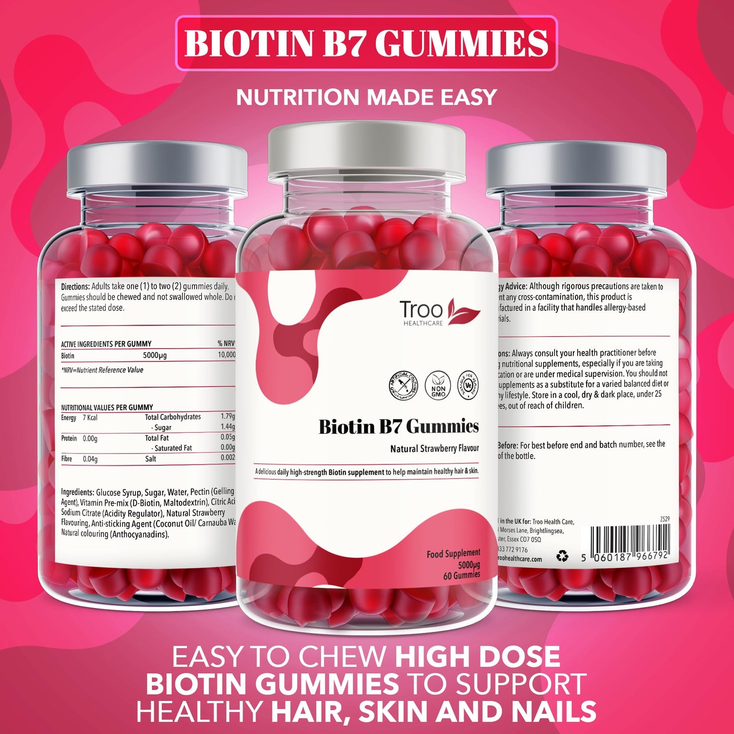 Troo Health Care Biotin 5000mcg Hair, Skin and Nail Growth Support Gummy Supplement - 60 Natural Strawberry Flavour Chewable Gummies - 5 Months Supply – Vegan Friendly – for Men and Women