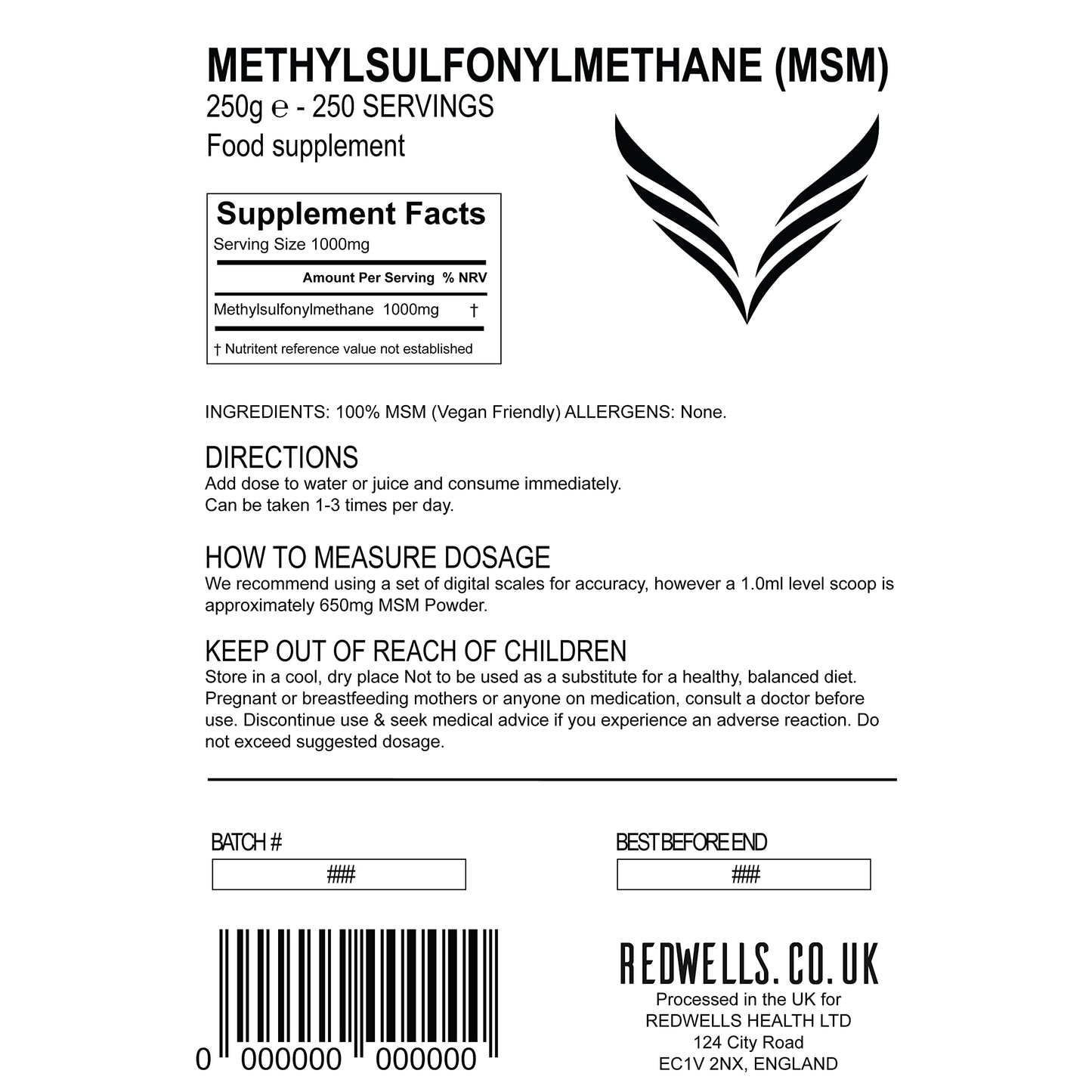 MSM Powder REDWELLS Crystalline Methyl Sulfonyl Methane GMO Free - 250g Pack