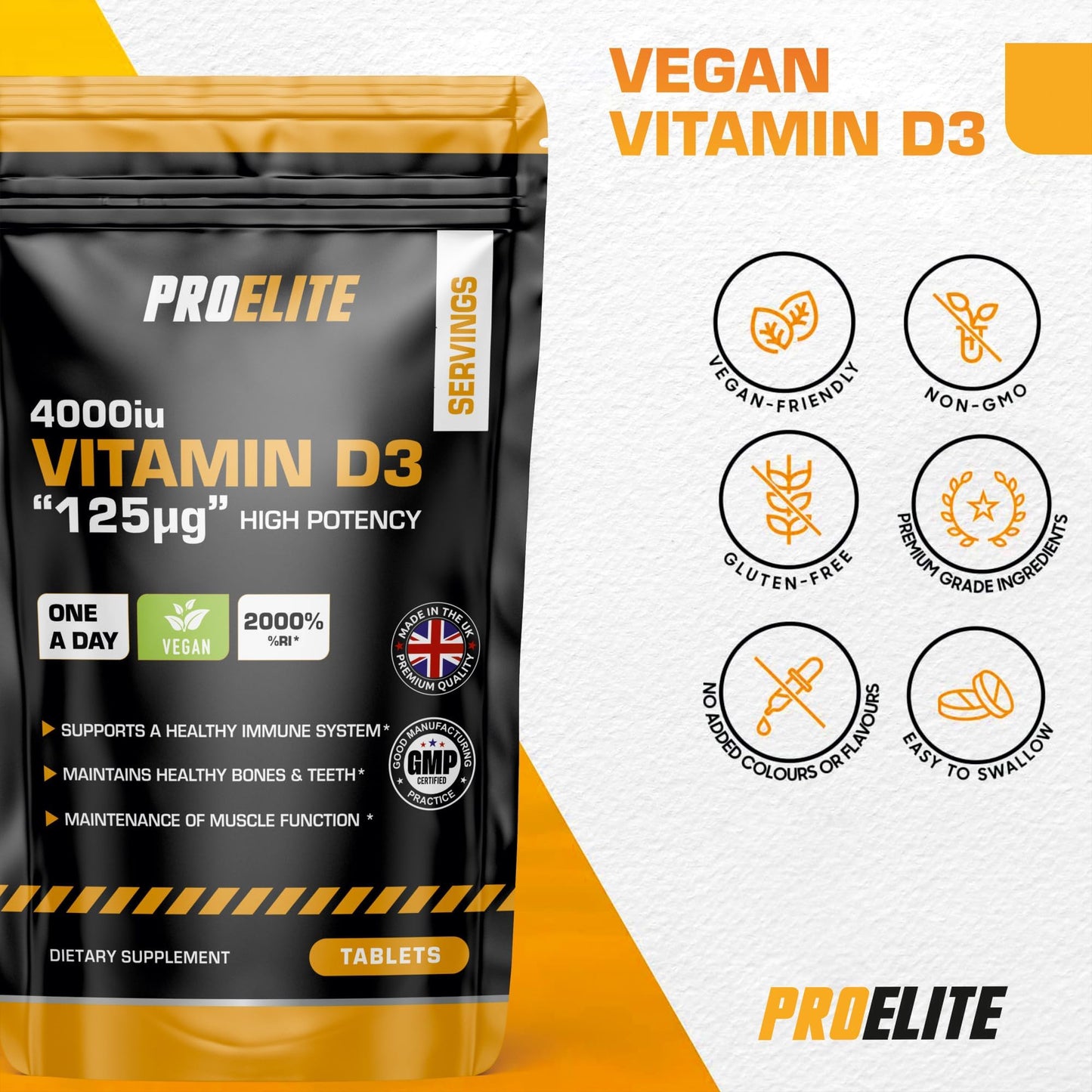 Vitamin D3 4000 iu 180 Vegan Tablets - 6 Months Supply | High Strength Vitamin D Supplement for Immune System, Bone & Muscle Support | Made in UK & Gluten Free by PROELITE