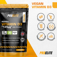 Vitamin D3 4000 iu 180 Vegan Tablets - 6 Months Supply | High Strength Vitamin D Supplement for Immune System, Bone & Muscle Support | Made in UK & Gluten Free by PROELITE