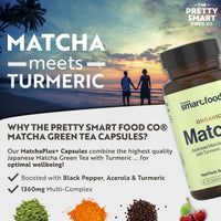 The Pretty Smart Food Co Green Tea Extract Capsules - Organic Matcha Green Tea Tablets - Boosted with Turmeric, Acerola Cherry & Black Pepper - 1360MG Complex - Green Tea Supplement - 60 Capsules - UK Made
