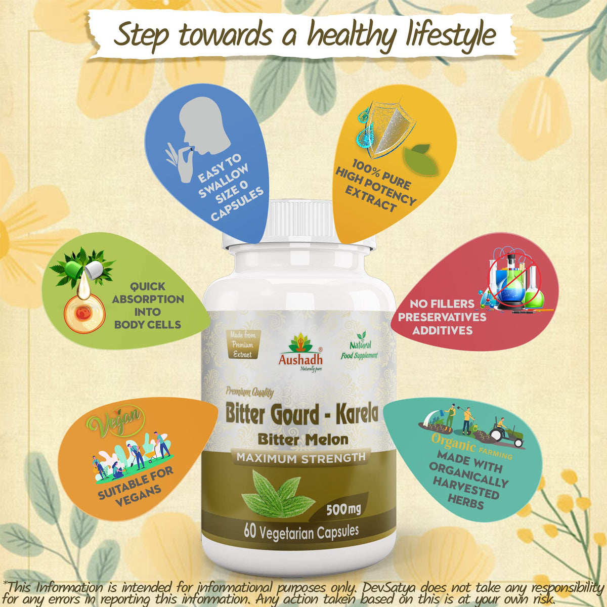 Aushadh Bitter Gourd Karela Capsules, Pure Herbal Supplement, 100% Vegetarian