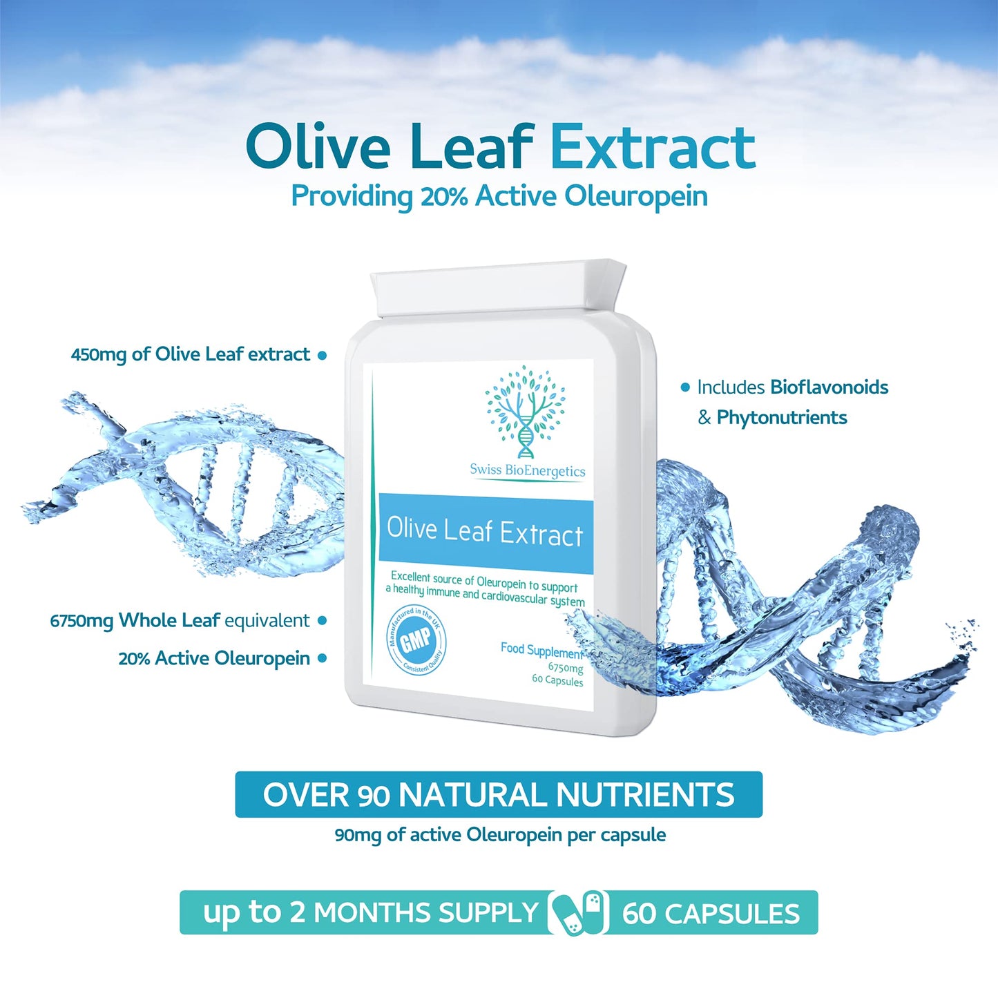 swiss bioenergetics Olive Leaf Extract 6750mg Whole Leaf Equivalent - 60 Capsules - Containing 20% Active Oleuropein