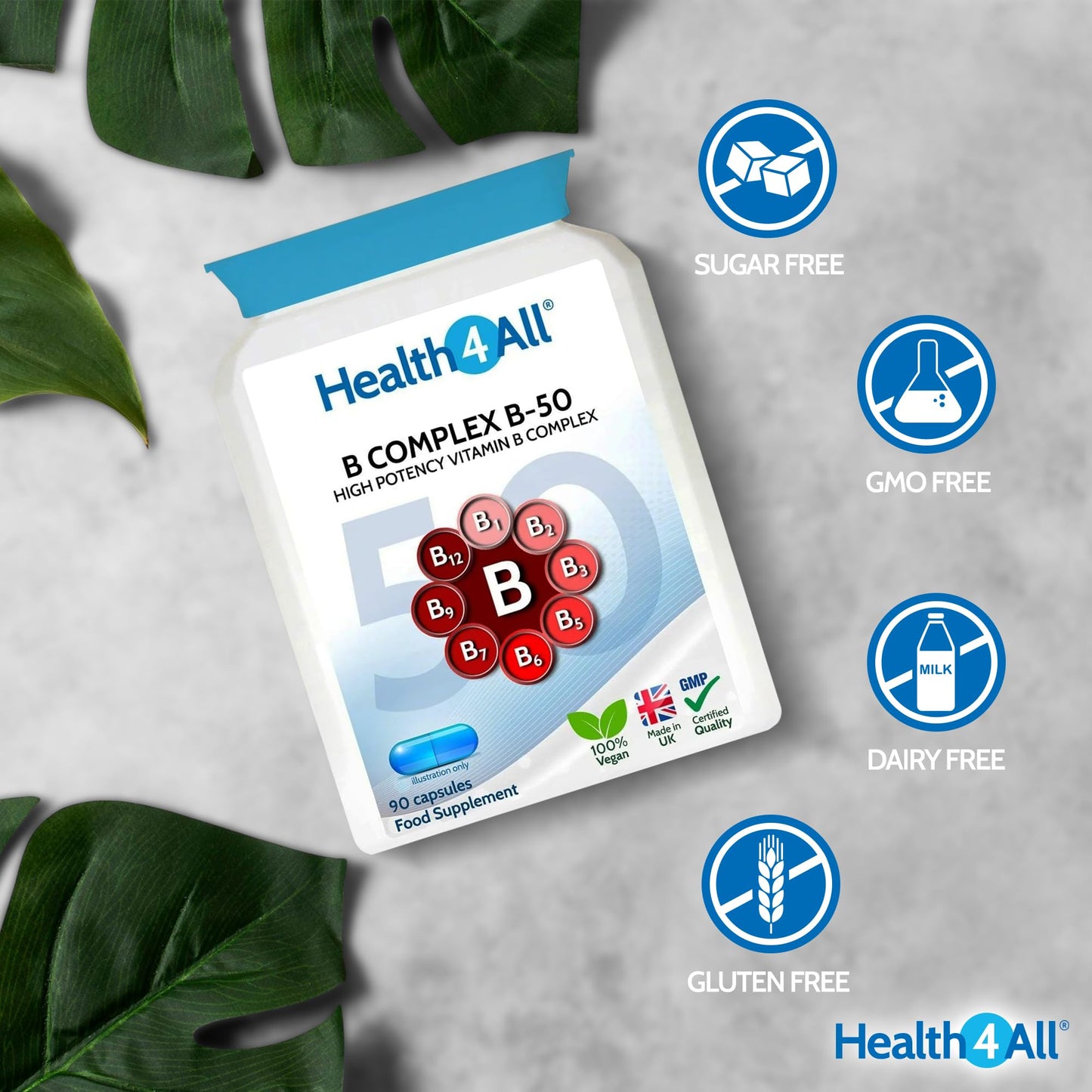 Health4All Vitamin B Complex B-50, 90 Capsules - 3 Months Supply, Hight Potency, Vegan