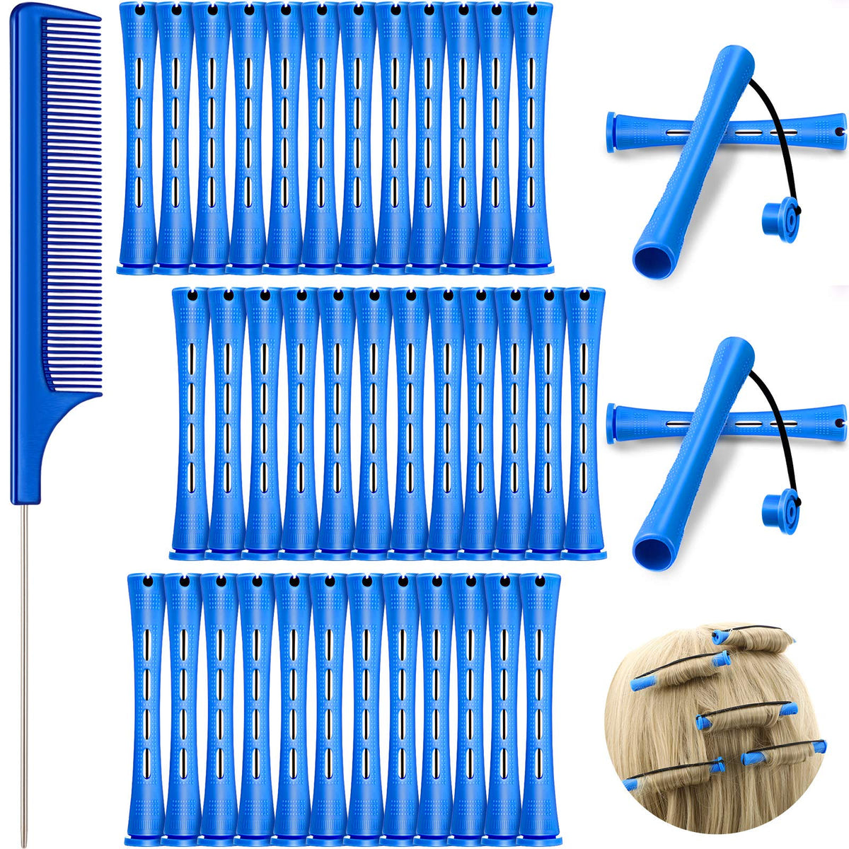 WILLBOND 36 Pieces Cold Wave Rod Hair Perm Rods Hair Rollers Perming Rods Curlers with Steel Rat Tail Comb for Hairdressing Styling (Blue, 0.35 Inch)