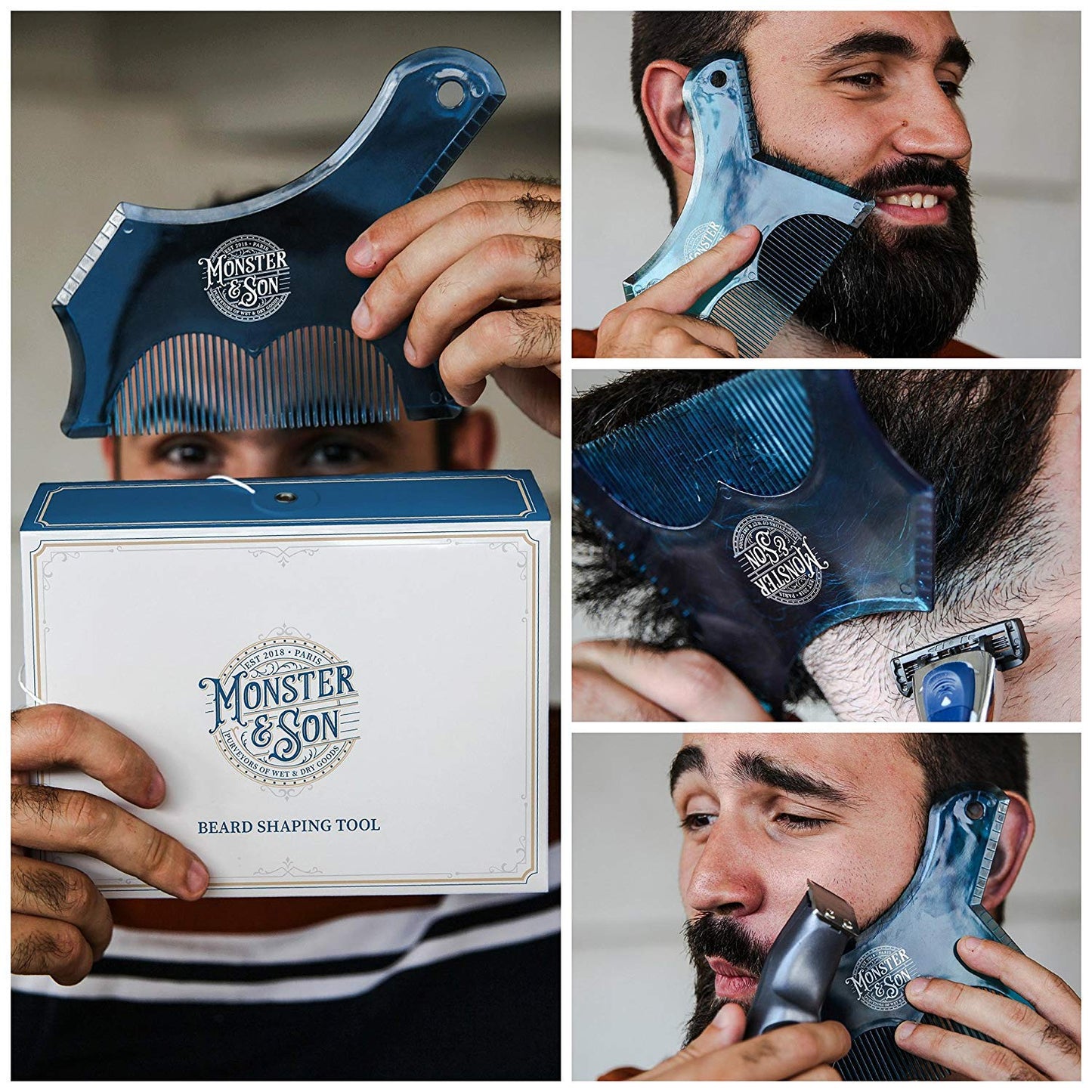 Monster&Son Beard Shaping Tool - Classic Oversized Design (Blue-Clear)