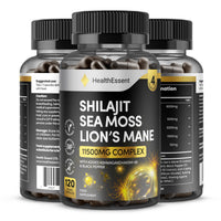 HealthEssent Shilajit Seamoss and Lions Mane Capsules, 11500mg 3-in-1 Brain & Focus Supplement with Ashwagandha & Black Pepper, High Strength Lions Mane Shilajit Blend for Energy & Immunity,120 Vegan Capsules